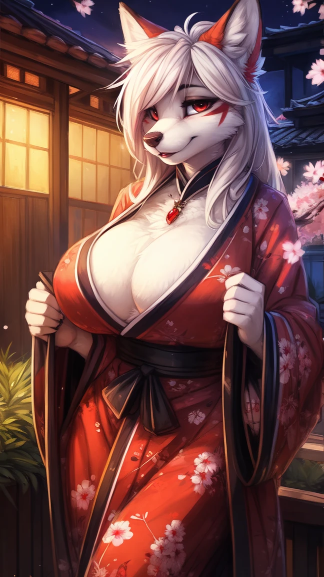 by kenket, Ross Tran, ruan jia, zaush, foxovh, by Zackary911, by hyattlen, by teranen, by fumiko, by Pixelsketcher, by fluff-kevlar, bye r-mk, by Dimwitdog, Furry, Anthro, (luxurious kimono), female white fox with red markings, kemono, (huge breasts), long (elegant) white hair, hourglass body, seductive, alluring eyes, looking at viewer, red markings on body, white fur, traditional japanese, magic fantasy, (mature), milf, tall, curvy, outdoors, cherry blossoms, nighttime, (red eyeshadow), red eyeliner, very expensive kimono with detailed cherry blossoms on it, (prostitute), lipstick, wide hips,