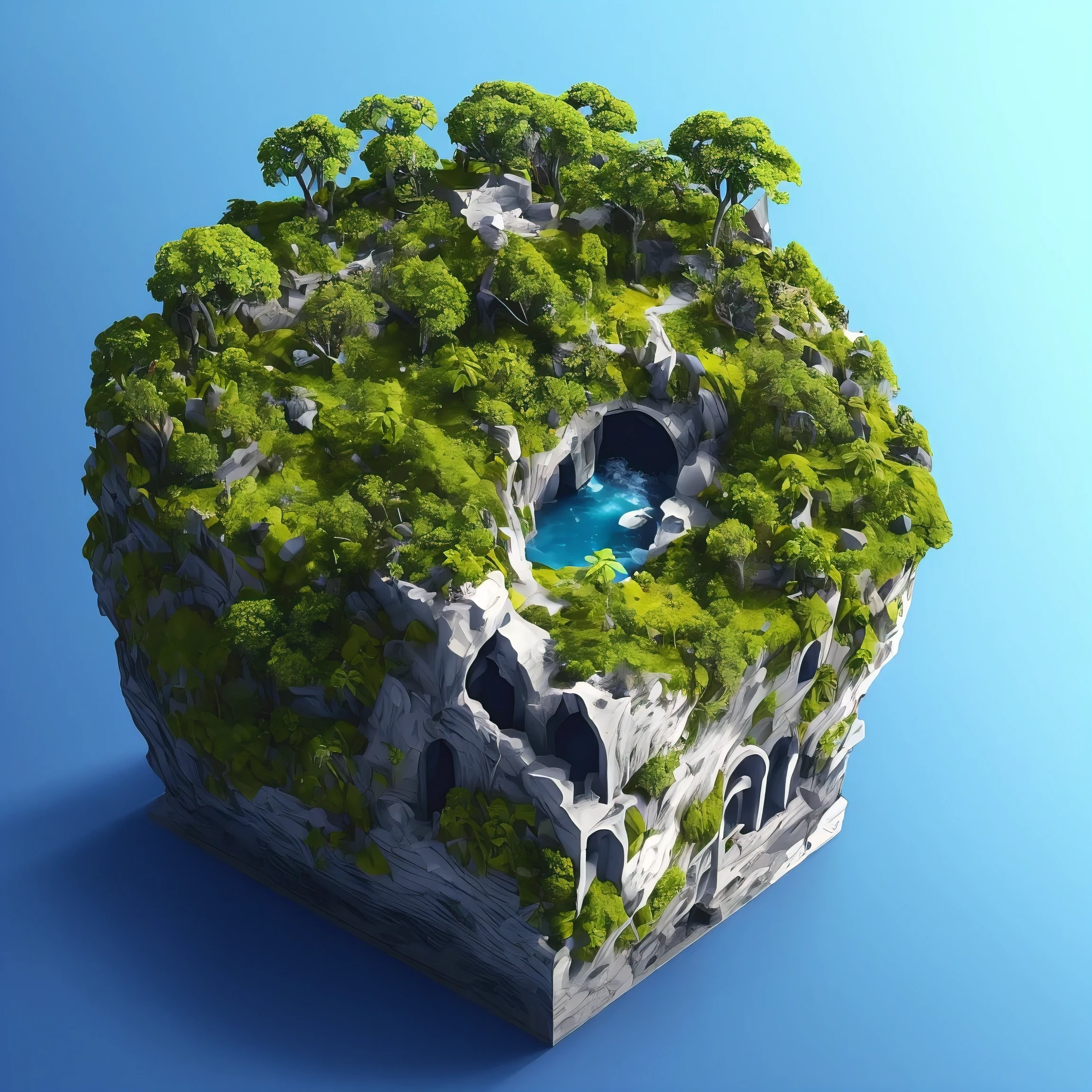 microworld render style, tiny glass cube contained, inside the cube are (cave, water, the trees) , volumetric, Clouds, Vibrants, Colorful, Highly detailed,  4K UHD, 8K, Octane Render, centred subject, whitebackground,