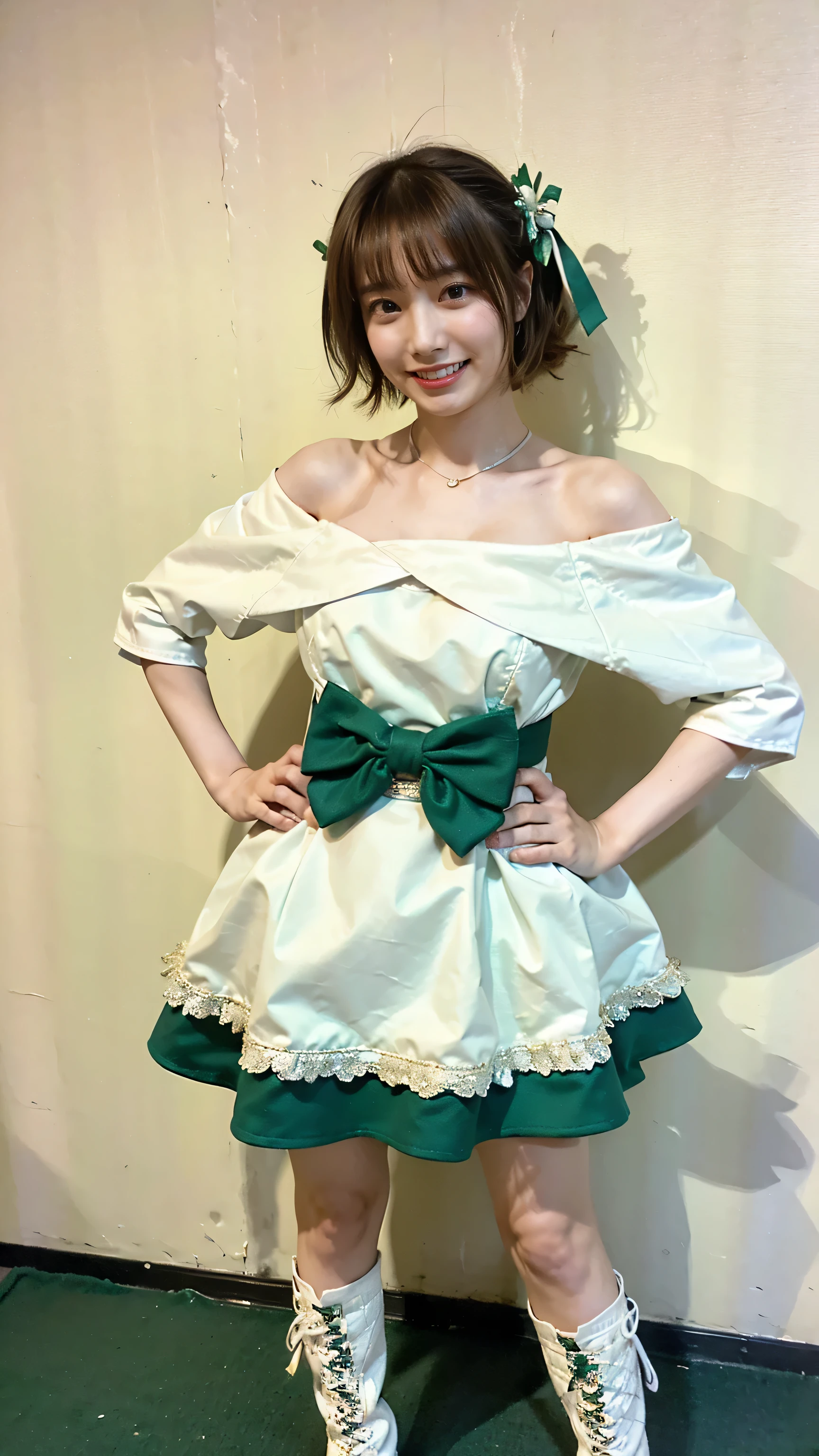 (8k、RAW Photos、highest quality、masterpiece:1.2)、(Realistic、Realistic)、1 girl、((White and green off-the-shoulder、Belly button、cute、Check mini skirt、Chest ribbon、boots、Large Breasts、stage、Spotlight、smile、View from the front、Standing with hands on hips))、Lots of eyelashes、Glowing eyelids、skeletally correct