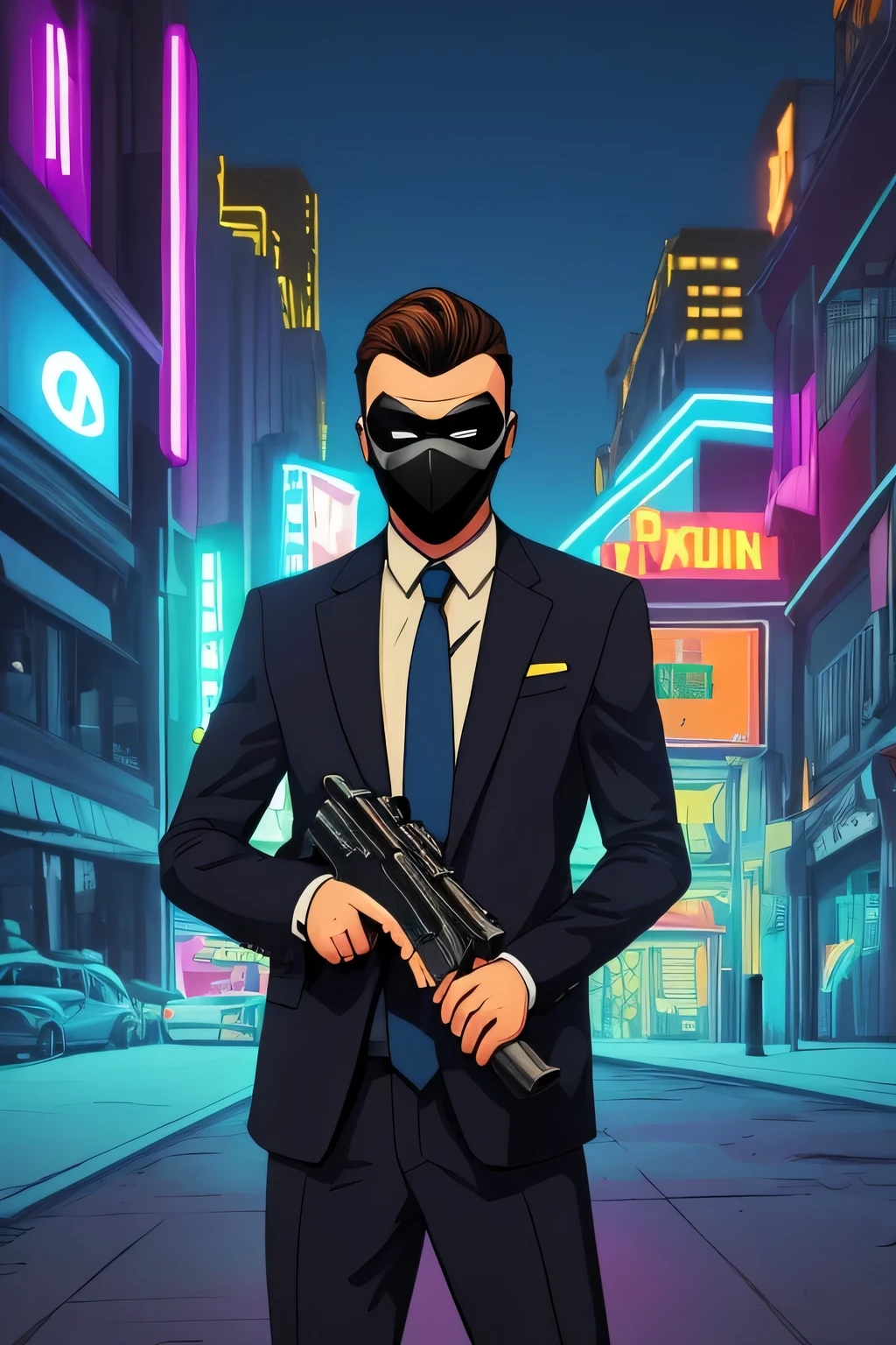 2d comics style ,A man with outfit suit, the suit is old and cheap, wearing a mask (cover his full head),(head stuck mask),(nylon mask),holding a gun, fullbody, front view,  stunding straight (no pose),( just holding the gun), downtown background, neon light, outdoor, landscape, amazing perspective,