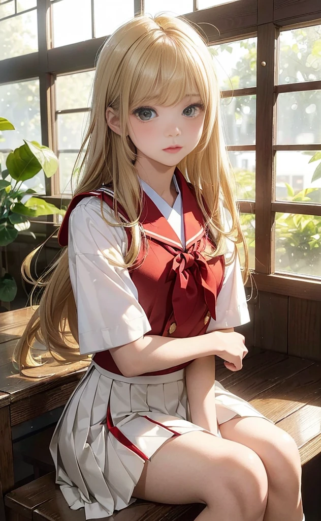 ((Masterpiece, best quality, high resolution), 1 Girl, Solitary, Green Eyes with long lashes, framed by a cascade of long, golden-blond hair gently tied with a blue ribbon, bangs splayed across her forehead, sitting confidently with crossed arms on the old, wooden table, lost in thought, engrossed in the depths of her studies, clad in a pristine Shirase Fuku uniform, featuring a bold red sailor collar, short sleeves, and a soft, white, pleated skirt, the folds of her uniform accentuated by the afternoon sunlight filtering in through the window, casting a dramatic, ethereal glow upon her