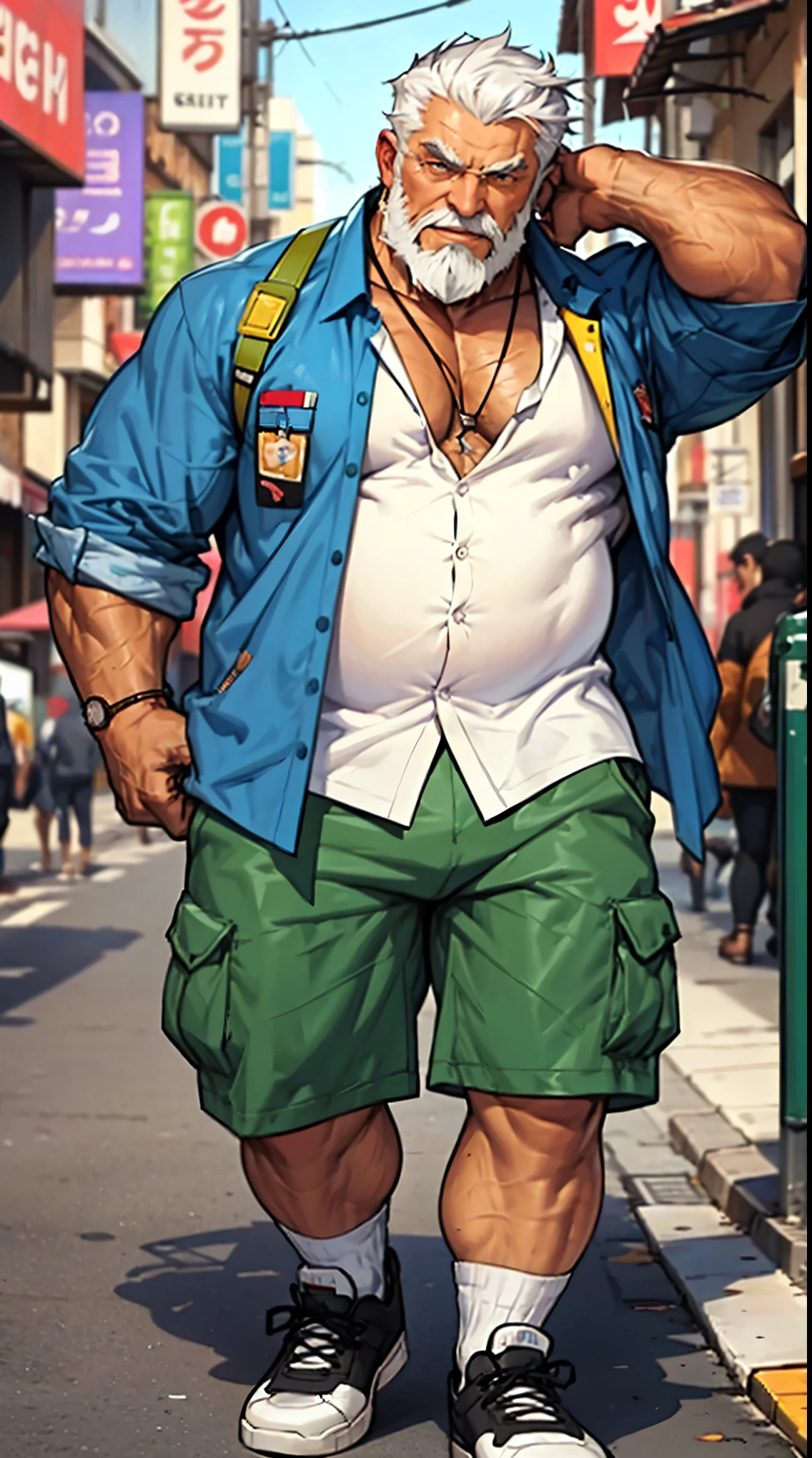 chubby old man in street city, old man, thick arm, huge arm, bearded. white hair and beard, bearded, muscular, pectoral, wide pectoral, beach, palm, realistic, 8k, masterpiece, (wearing shorts and white Hawaiian shirt, shoes)