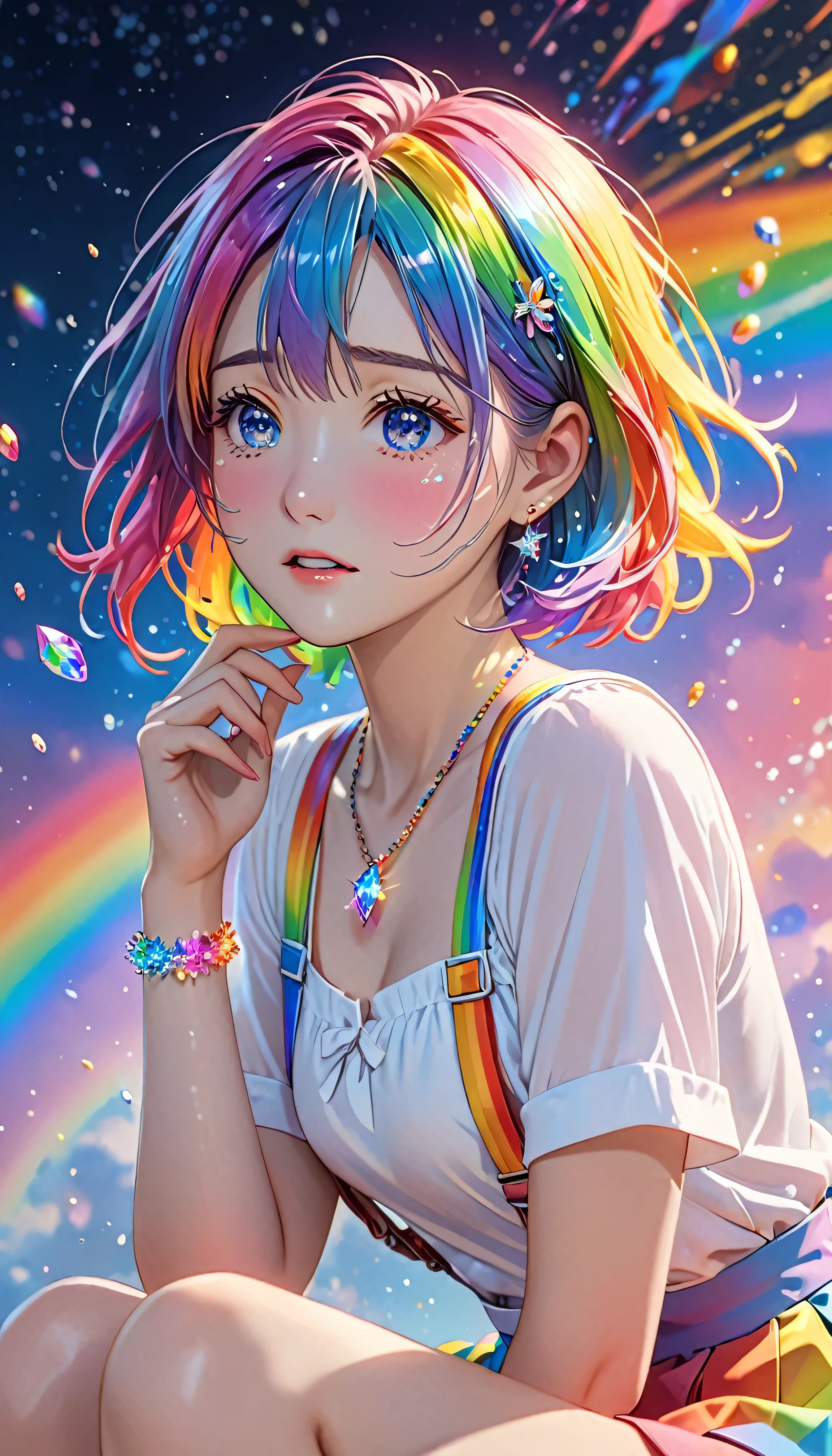 National Science Foundation,masterpiece,High resolution,8K,Art,digit,Three-dimensional,Realism,Kyoto Animation Style,your name movie style, ((Paint splashes,splash of color, Ink splash)),looking into camera,Soft Light,Glowing skin,(1 female: 1.3),(alone: 1.4),(((colorful hair))),((Colorful suspender skirt)),(Rainbow crystal hair clip),(Rainbow crystal small necklace),(Rainbow crystal small earrings),(Rainbow crystal bracelet),(Rainbow crystal ring),Long eyelashes,Slender legs,Short Bob,Close-up of upper body,Close-up,close view,colorful background,(Eyes as deep as the starry sky),(Shut up),(blush),(shy),(lovely and delicate),(Pitiful),(((cry))),(((Tears))),(((extremely sad))),(((despair)))