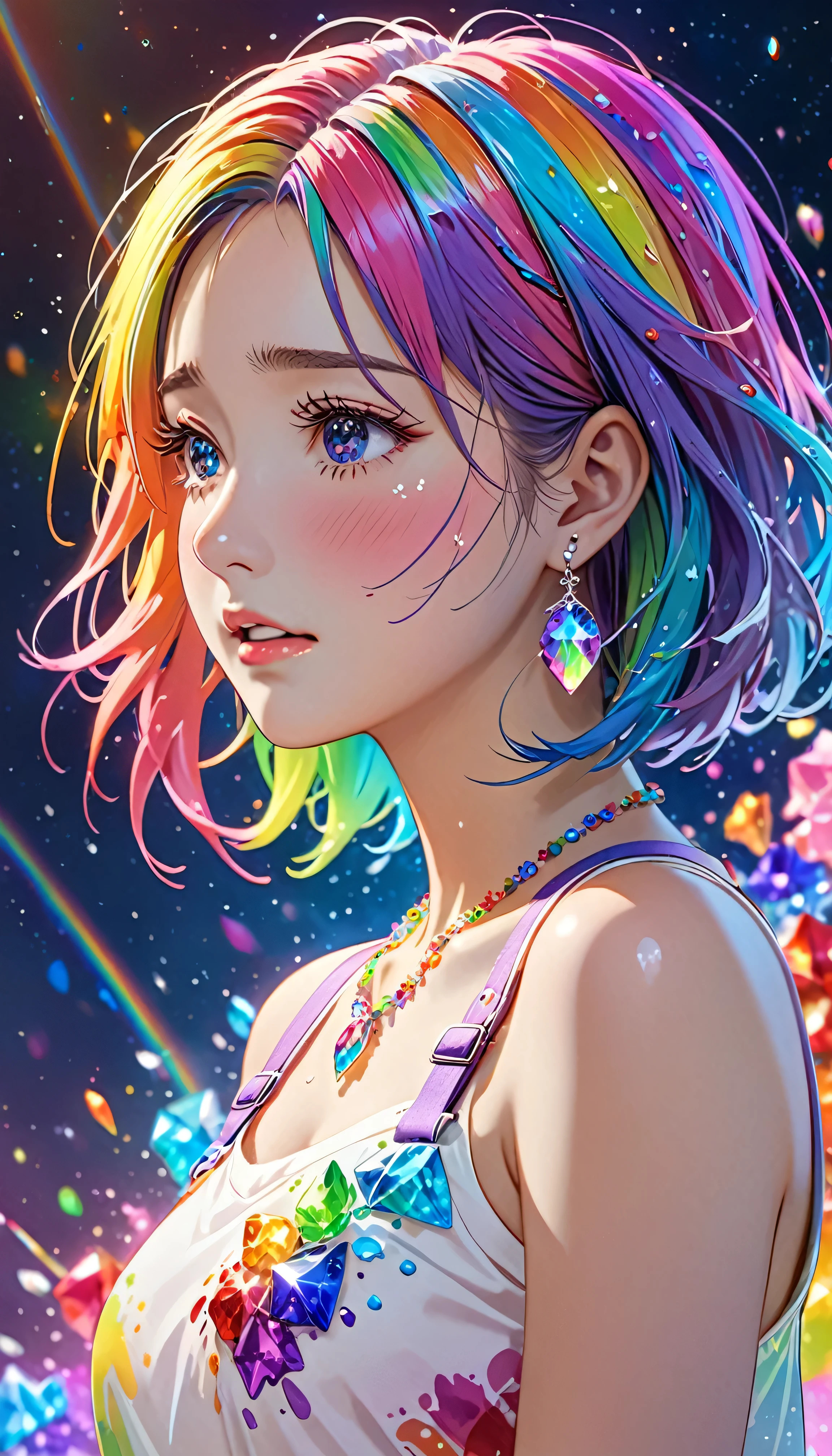 National Science Foundation,masterpiece,High resolution,8K,Art,digit,Three-dimensional,Realism,Kyoto Animation Style,your name movie style, ((Paint splashes,splash of color, Ink splash)),looking into camera,Soft Light,Glowing skin,(1 female: 1.3),(alone: 1.4),(((colorful hair))),((Colorful suspender skirt)),(Rainbow crystal hair clip),(Rainbow crystal small necklace),(Rainbow crystal small earrings),(Rainbow crystal bracelet),(Rainbow crystal ring),Long eyelashes,Slender legs,Short Bob,Close-up of upper body,Close-up,close view,colorful background,(Eyes as deep as the starry sky),(Shut up),(blush),(shy),(lovely and delicate),(Pitiful),(((cry))),(((Tears))),(((extremely sad))),(((despair)))