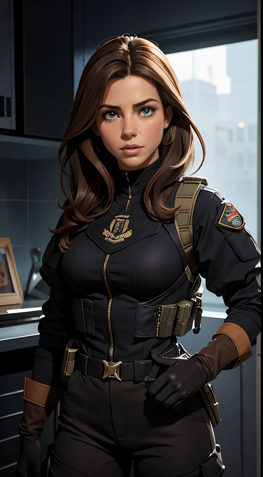 Foto hiperrealista en primer plano de Kate Beckinsale, Obra maestra, mejor calidad, (fotorrealista:1.4), mujer hermosa, flaco, small breasts, Smooth brown hair, cara detallada, sonrisa, Foto tomada desde la distancia, 25 years old tears, uniformes de fuerzas especiales、black tactical vest、pantalones militares negros negros、guantes de combate negroochila、Camiseta interior militar negra negra, Representaciones detalladas de la cara y el pecho.、Detailed representation of the hand.、pose de combate、dynamic action、en la calle de la ciudad、humo blanco、mirando a los espectadores