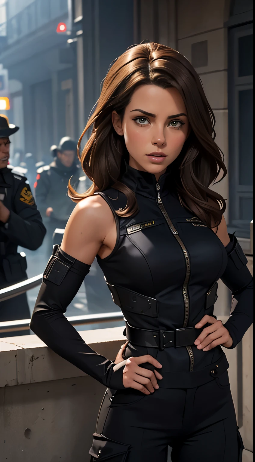 Foto hiperrealista en primer plano de Kate Beckinsale, Obra maestra, mejor calidad, (fotorrealista:1.4), mujer hermosa, flaco, small breasts, Smooth brown hair, cara detallada, sonrisa, Foto tomada desde la distancia, 25 years old tears, uniformes de fuerzas especiales、black tactical vest、pantalones militares negros negros、guantes de combate negroochila、Camiseta interior militar negra negra, Representaciones detalladas de la cara y el pecho.、Detailed representation of the hand.、pose de combate、dynamic action、en la calle de la ciudad、humo blanco、mirando a los espectadores