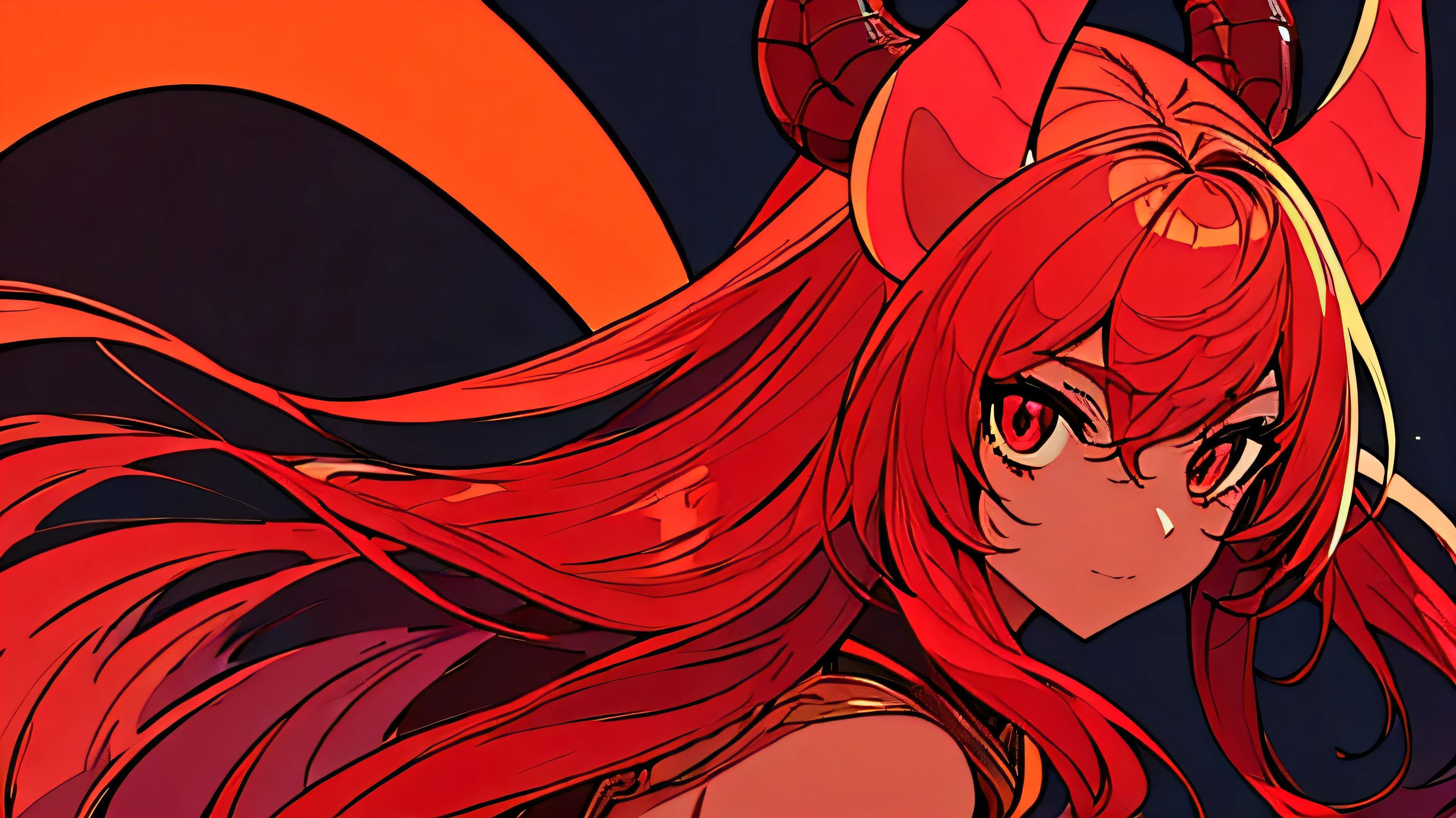 (masterpiece), best quality, expressive eyes, perfect face, alone, (Very detailed background, Detailed Background) red skin color, demon girl, demon horns, demon tail, long demon tail, shark teeth