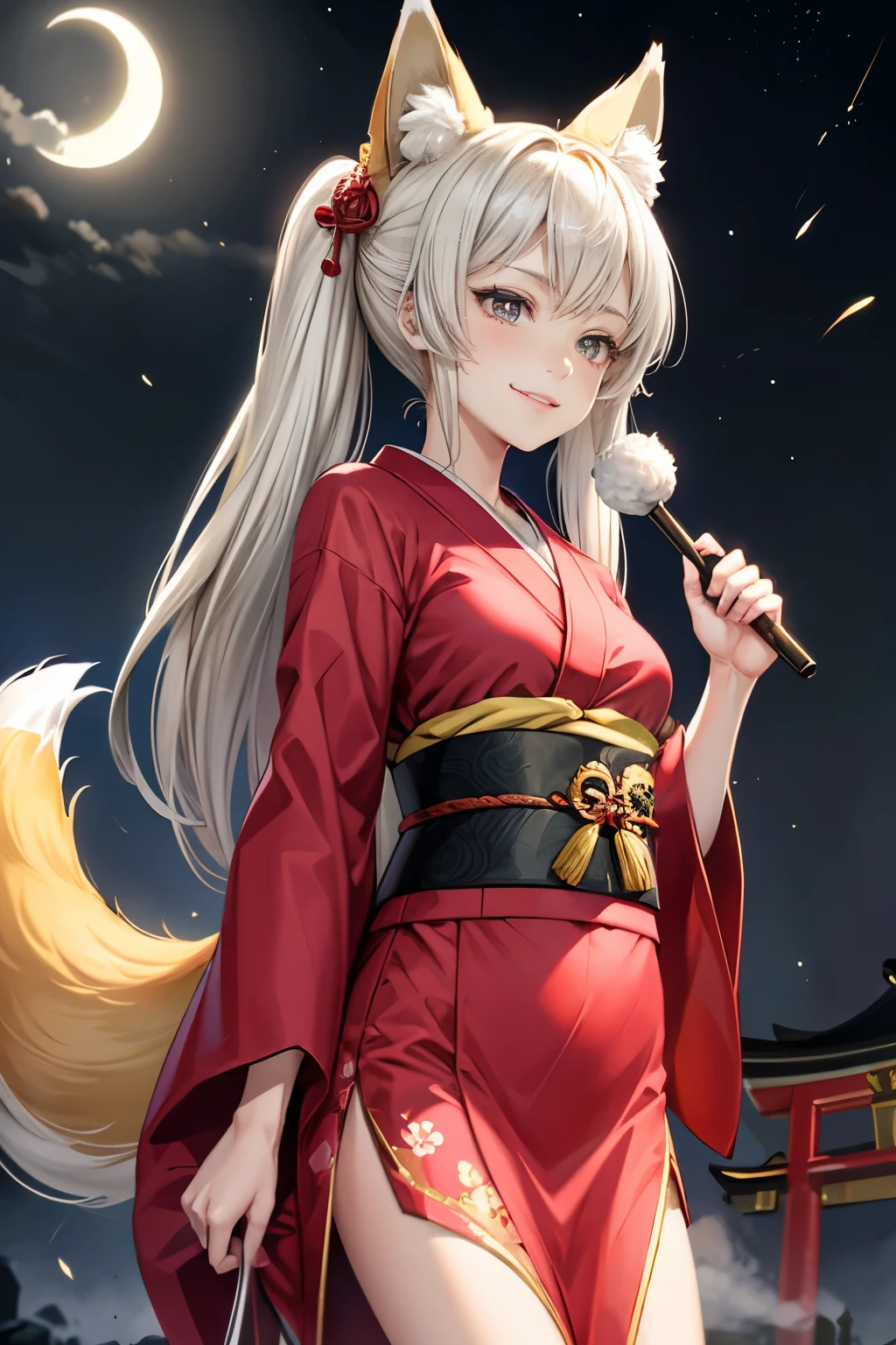 absurdres, absolutely resolution, incredibly absurdres, highres, ultra detailed, official art, unity 8k wallpaper,
BREAK
1 girl, soro, twintails, long hair, blonde hair, fox ears, japanese clothes, kimono, floral print, (many fox tail, 9 fox tail:1.2),
BREAK
holding fan, straight-on, evil smile,
BREAK
torii, inari, fog, night sky, (moon:1.2),