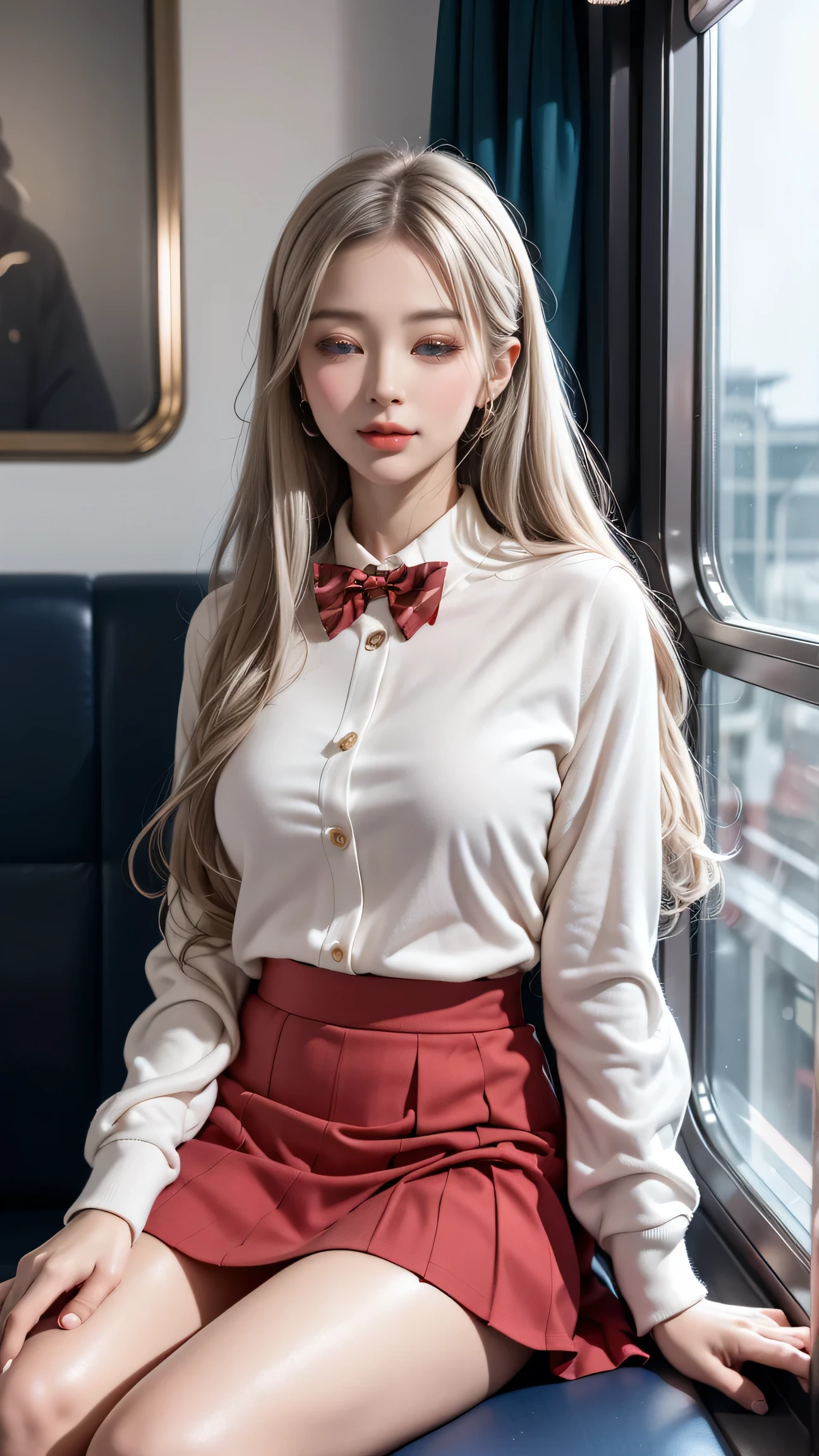 （Girl sitting on train seat)、Best quality work，Actual work，Ultra Premium Graphics，8K HD CG Works，High quality graphics，High-definition CG works，10x pixels，Extremely fine detail：1.1，Advanced Technical Details：1.1 Photorealistic，Indoor lighting effects：1.5，Natural light：1.5. Light effects（virtual Light effects：1.8），長いSilver Hair，Silver Hair，Transparent Hair，Hair with attention to detail（Premium Hair Detail：1.1）（(Eyes closed)), Delicate eyelash makeup, Thin eyebrows，High nose, Nice red lips, Rose Cheeks, A face with subtle makeup , Cute face, Perfectly balanced face,（Advanced Face Detail：1.1），(girl in school uniform)，Like a fairy in a painting，Slim sexy long legs，A beautiful face is beautiful and delicate，Show the light of patience and wisdom。The bridge of the nose is straight，Cherry lip color, her face is clear，Her skin is as white as jade，Gives a healthy glow，Her makeup is light and subtle.，Not too decorative，A light-toned foundation enhances the clarity of your skin.，Eye makeup: eyeshadow and eyeliner，（Her eyes are closed)、Add a touch of glamour and sophistication，（white blazer emblem on chest）,（White blouse）、（Red bow tie)，(Checked Skirt),(White panties are visible)、Swaying with her movements。Her hair is casually tied back，Fix with hosta，A few strands of hair are swaying gently in the wind，Add a little softness、Charmed everyone&#39;Note、Grace、mystery、full of power,(White panties are visible),(Lift-up skirt)、(Eyes closed)、Attractive eyes，Heartwarming action，Looking away from the camera，Lift your head，Thick and long black hair，very elaborate body，Highly detailed face，highest quality、(P私NK Underwear),(high school girl),((Off-the-shoulder white blazer、Chest emblem))、(White blouse),((緩んだRed bow tie)),((Navy Check Flared Skirt))、(smile)((Female student sitting on a train seat ))，Attractive eyes，Heartwarming action，Looking away from the camera，Bent over，bend over，Turn back，Lift your head，Thick and long black hair，very elaborate body，Highly detailed face，highest quality、(P iNK Underwear),(high school girl),((White Blazer、Chest emblem))、((Translucent blouse)),((Red bow tie)),((Navy Check Flared Skirt)),、((Out of the window, Blurred skyscrapers)),((I can see her white lace panties)),((Spread your legs)),