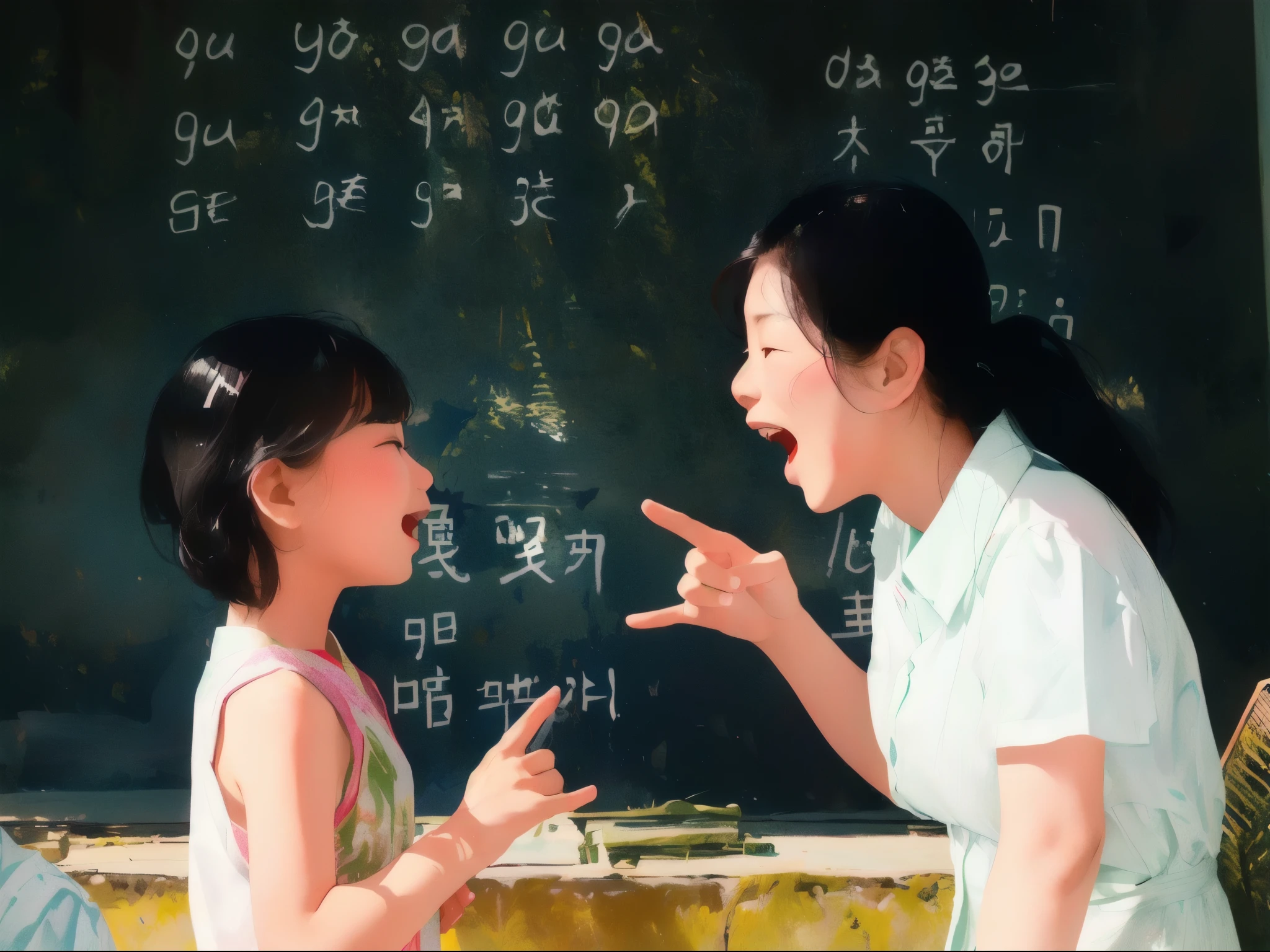 一位妇女和一个child站在黑板前, explaining, teacher, child们, as a strict school teacher ), Mother, teaching, , childs, child, girl, son, call out, deep knowledge, feng zhu |, Beijing, interesting, Motivating, interesting的, happy， mu pan, illustration], explain, child们's