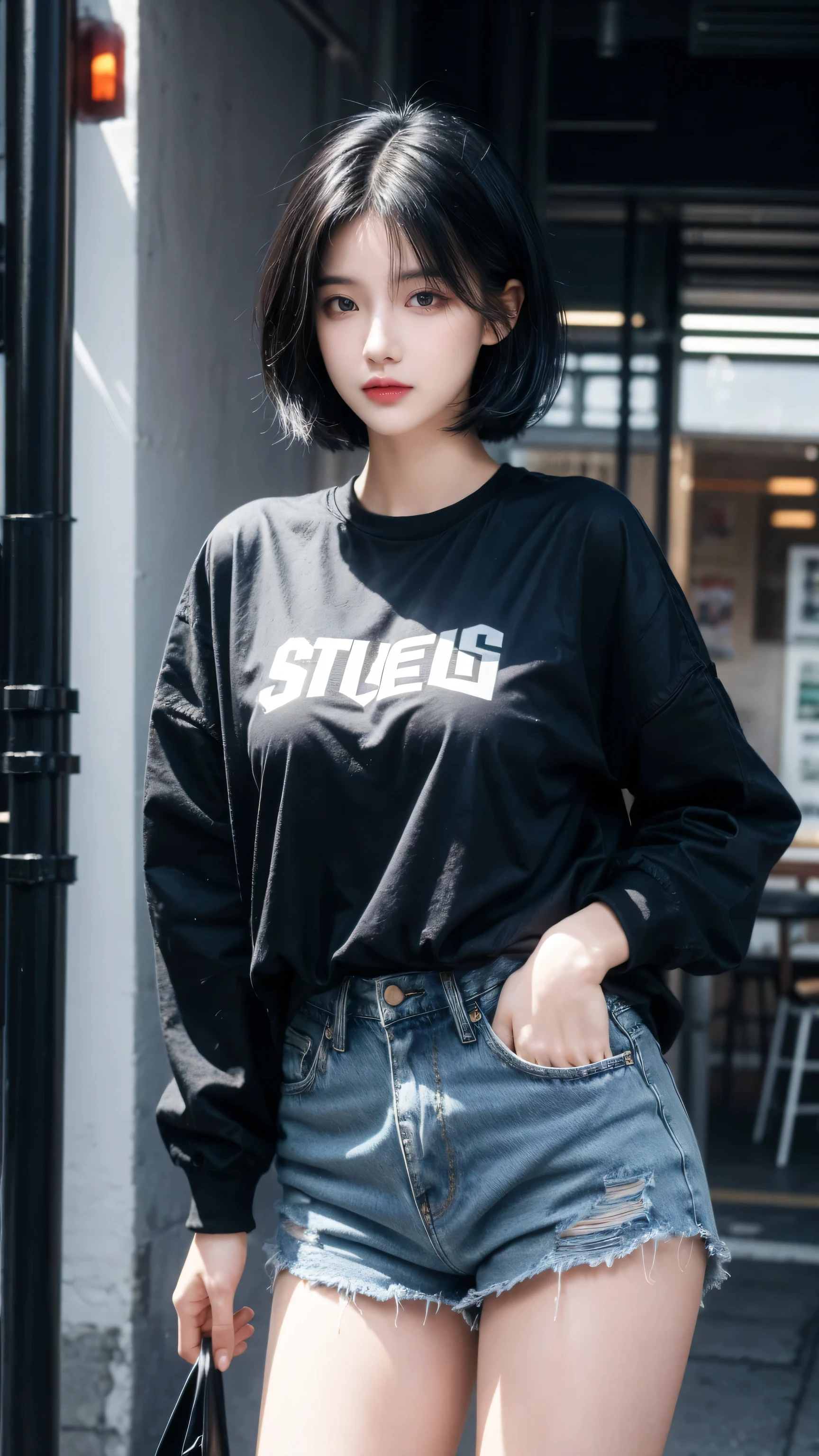 best quality, 1 Girl, dark blue hair, black eyes, Very short hair, Spiky hair, oversize t-shirt, jacket jeans, High waist jeans, 171 cm, Messy hair, Hair between the eyes, Medium breasts, full, Tomboy, aldult, 20 years old, 1 Girl