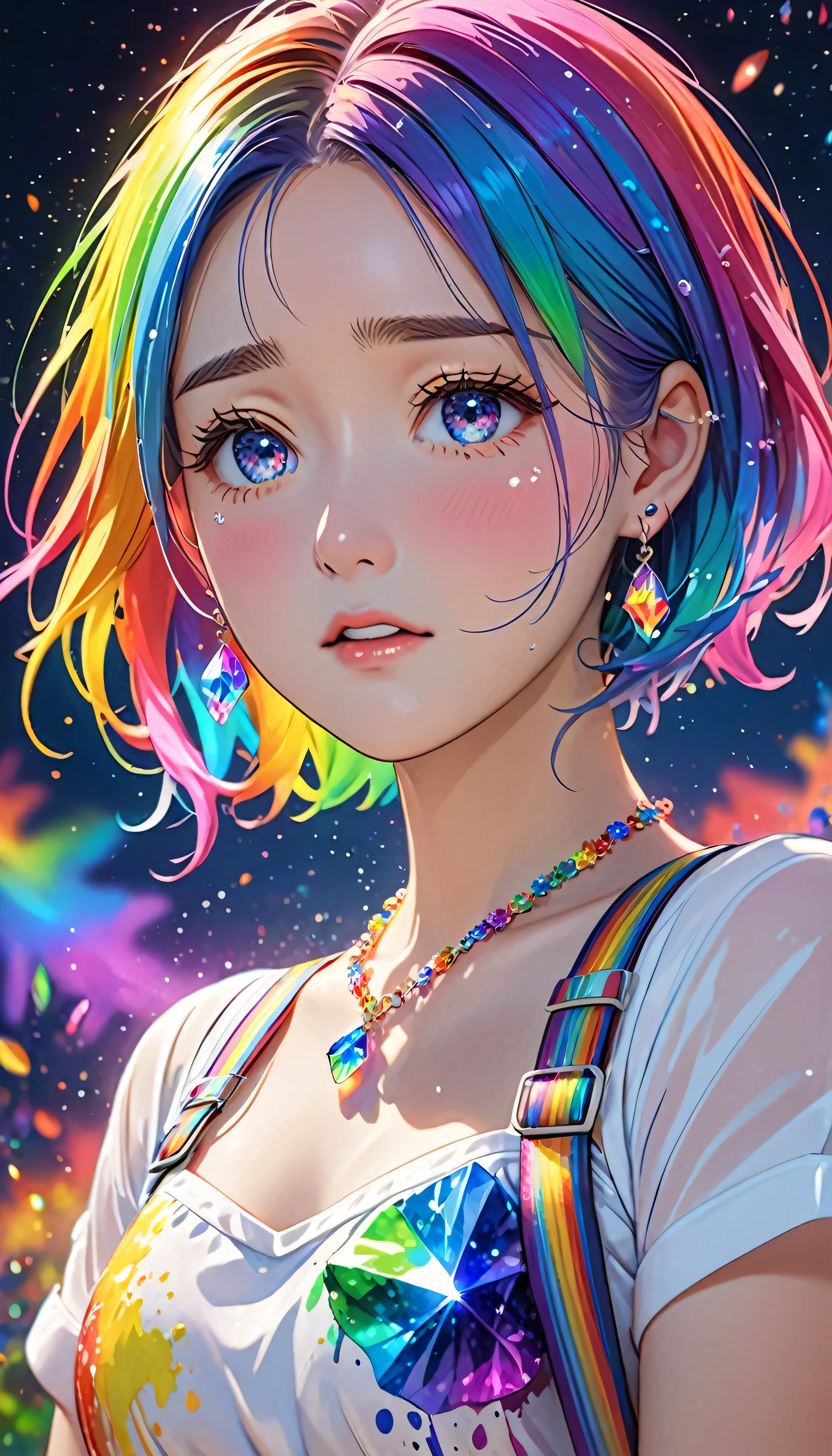 National Science Foundation,masterpiece,High resolution,8K,Art,digit,Three-dimensional,Realism,Kyoto Animation Style,your name movie style, ((Paint splashes,splash of color, Ink splash)),looking into camera,Soft Light,Glowing skin,(1 female: 1.3),(alone: 1.4),(((colorful hair))),((Colorful suspender skirt)),(Rainbow crystal hair clip),(Rainbow crystal small necklace),(Rainbow crystal small earrings),(Rainbow crystal bracelet),(Rainbow crystal ring),Long eyelashes,Slender legs,Short Bob,Close-up of upper body,Close-up,close view,colorful background,(Eyes as deep as the starry sky),(Shut up),(blush),(shy),(lovely and delicate),(Pitiful),(((cry))),(((Tears))),(((extremely sad))),(((despair)))