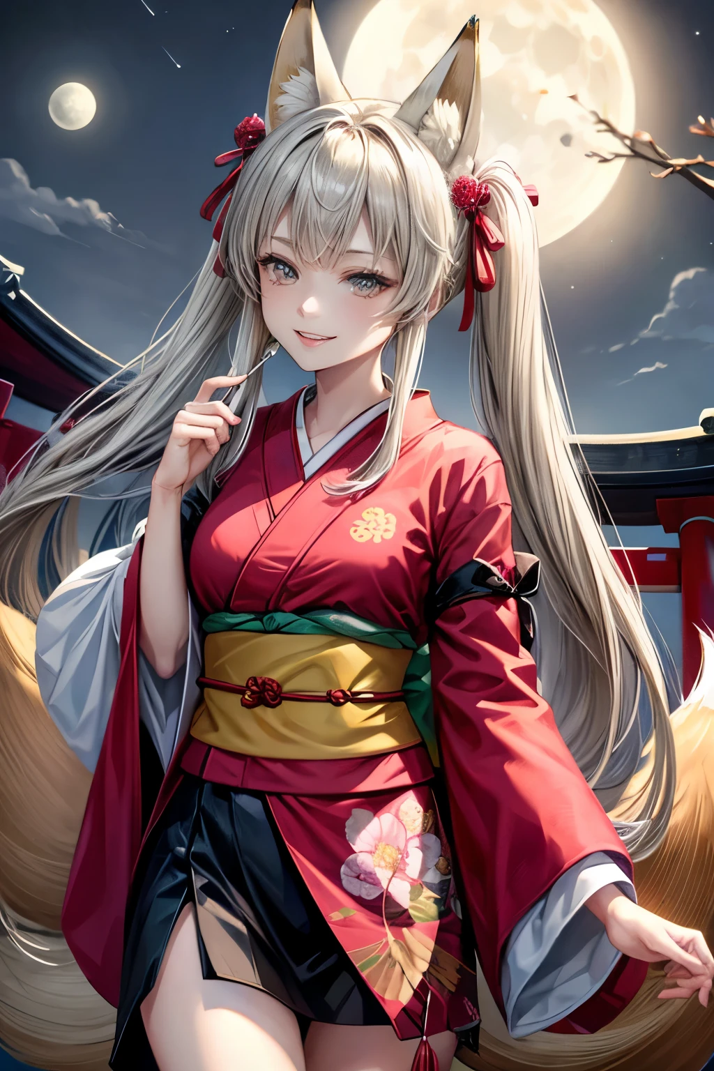 absurdres, absolutely resolution, incredibly absurdres, highres, ultra detailed, official art, unity 8k wallpaper,
BREAK
1 girl, soro, twintails, long hair, blonde hair, fox ears, japanese clothes, kimono, floral print, (many fox tail, 9 fox tail:1.2),
BREAK
holding fan, straight-on, evil smile,
BREAK
torii, inari, fog, night sky, (moon:1.2),