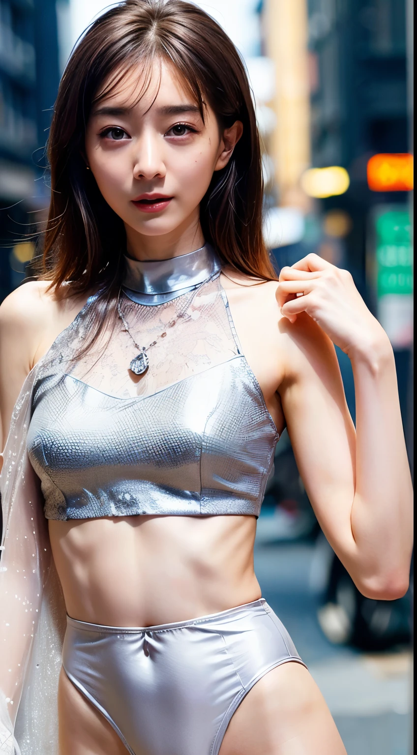 ((highest quality, 8k, masterpiece :1.3)), One girl, smile, whole body, Slim face, Beautiful woman, (Dark brown hair), Thin, sheer white lace underwear, Highly detailed face, Fine grain, double eyelid, Blur the background, Slim face, city, outside, street,