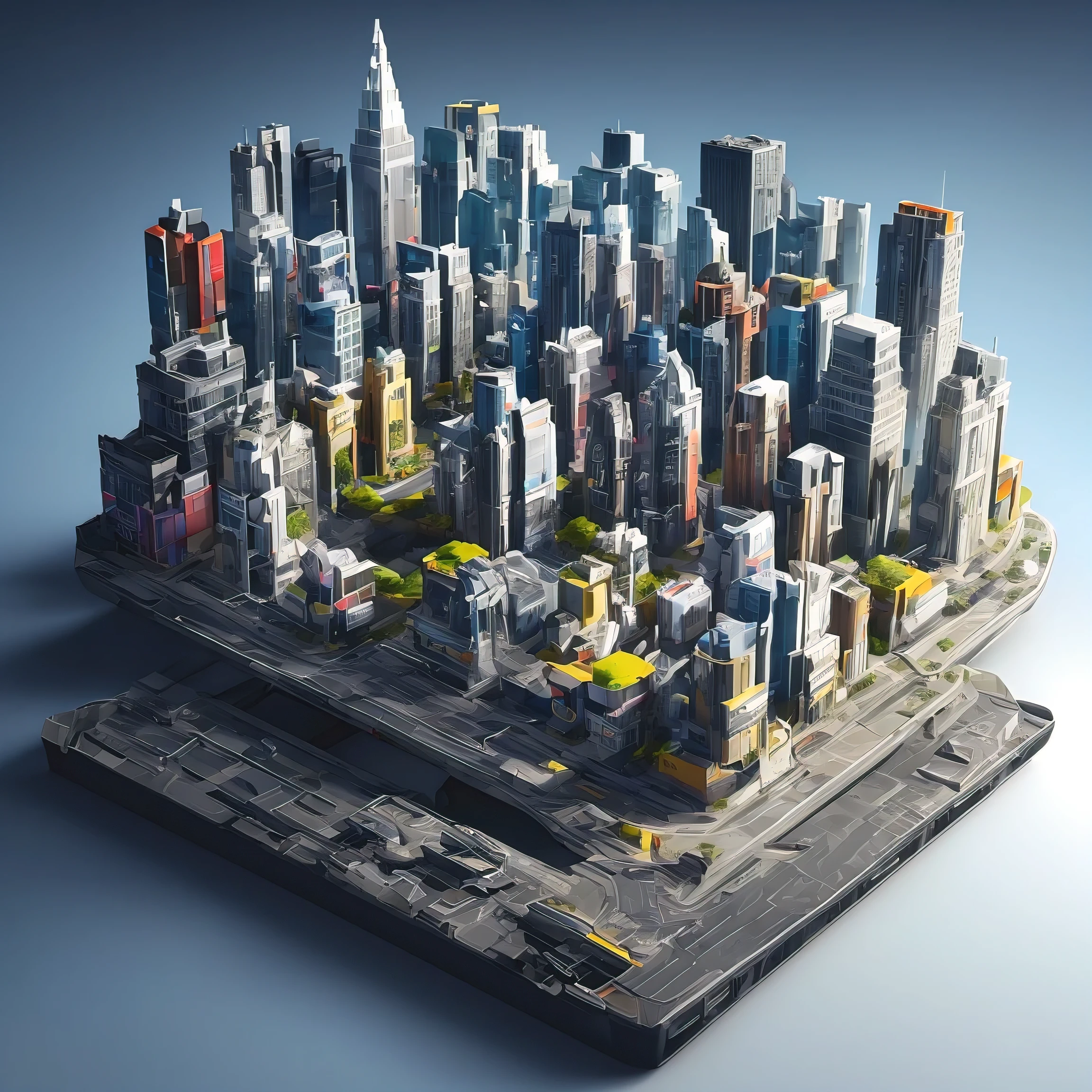 microworld render style, tiny glass cube contained, inside the cube are (retrofuturistic city, flying cars, trams, skyscrapers, subway station) , volumetric, Clouds, Vibrants, Colorful, Highly detailed,  4K UHD, 8K, Octane Render, centred subject, whitebackground,