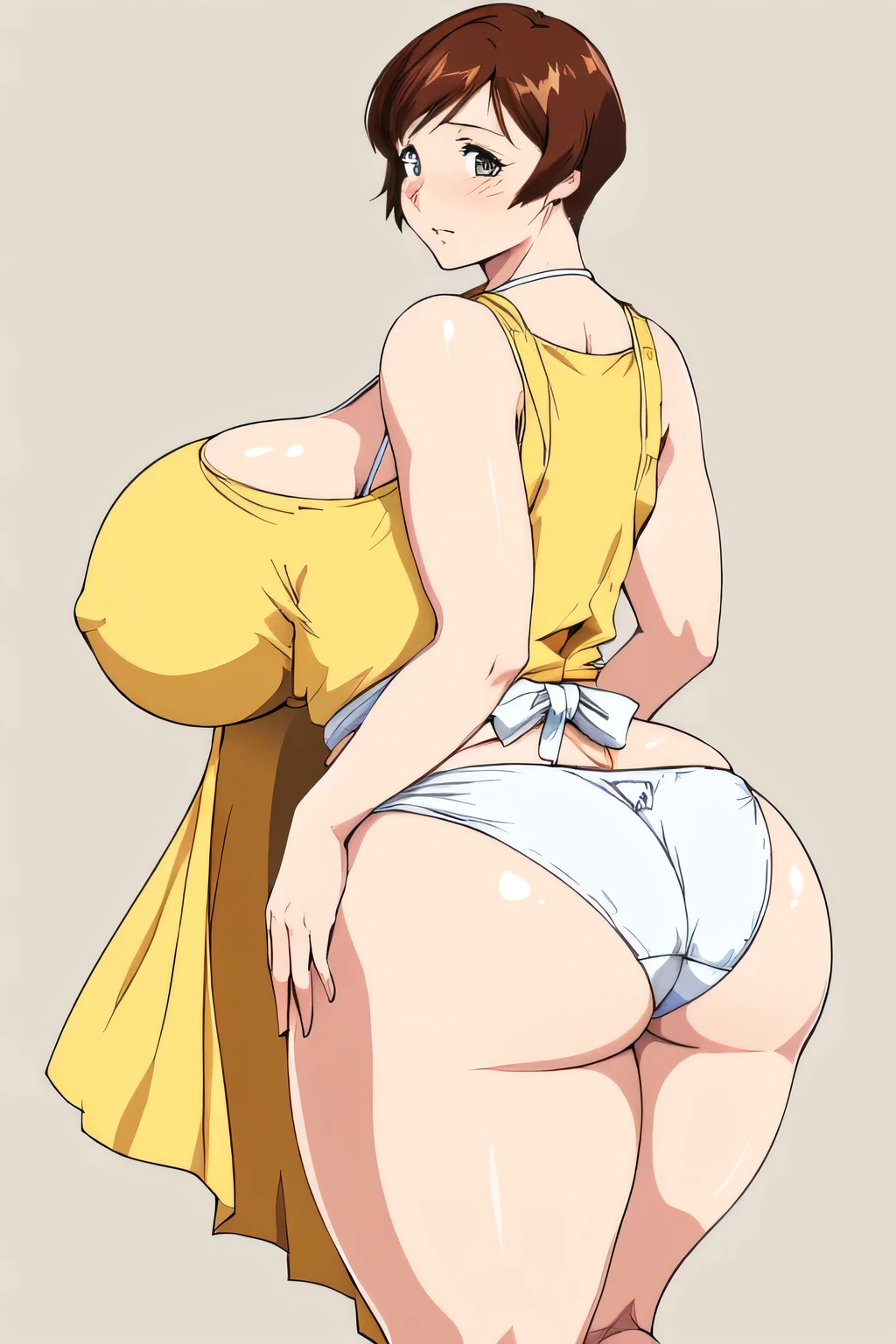 masterpiece, highest quality, High resolution, One girl, alone, sexual intercourse, Pornographic images, short hair, etsukoto, detailed eyes, Fine grain, (((Thick thighs, Plump thighs, Voluptuous thighs, Enough thighs))), Big and ample breasts, Cleavage, Huge long breasts, Naughty big,((Big breasts are important))、((Naughty thighs)), L Cup, (thin:1.4),(Narrow waist:1.4),  (Perfect beautiful yellow dress:1.4), ((white waist apron)), Embarrassed look, look back, (((Simple Background))), ((White panties)), ((Wide Hips)), Shiny oily skin, Mature mother, Calf, Seductive mature woman, Perfect body, (((fleshy))), Plus Size Model, etsukoto, blush, clavicle, retro artstyle, 1990s (style), showing ass, from left side,