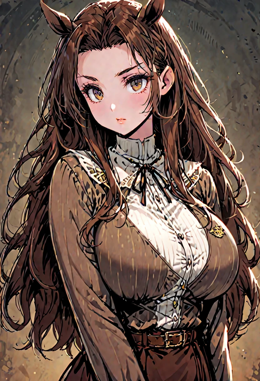 solo, female, sfw, medium shot, long wavy hair, brown hair, brown eyes, centaur girl, brown horse ears, huge breasts, scholar, modest clothes, autitorium, from the waist up