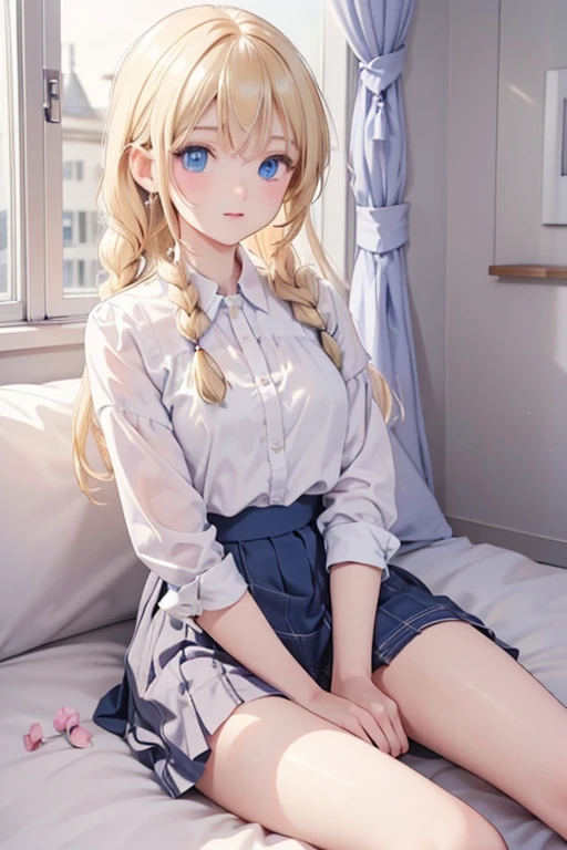 masterpiece, highest quality, High resolution, 1 17-year-old girl、blue eyes、
blonde,  Braiding, White shirt, Check skirt, White panties、Western-style room、futon、Sit with one leg upright