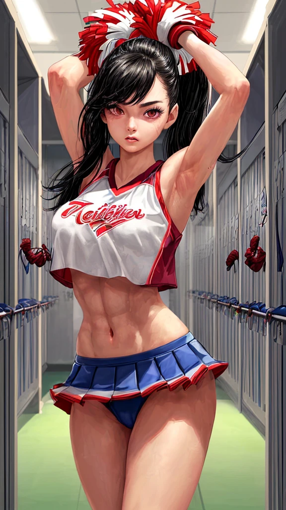 (highres,realistic)Beautiful girl in Japanese cheerleader outfit, (ultra-detailed)flawless appearance, (extremely detailed eyes and face)gorgeous eyes with long eyelashes, (beautiful detailed lips)luscious lips, (long black hair)flowing down her back, (energetic and confident)radiating a vibrant aura. She is (inside a locker room), surrounded by the familiar scent of sweat and determination. The (bright fluorescent lights)shine overhead, illuminating her (athletic physique)toned and fit body. 

She stands tall, her (cheerleader uniform)accentuating her slender figure. The (traditional Japanese design)of her outfit features (bold red and white colors), symbolizing strength and passion. The (meticulously tailored)uniform perfectly fits her, emphasizing her femininity and grace.

Adjacent to her, (rows of neatly arranged lockers)create a sense of order in the locker room. Each locker bears the name of the team members, displaying the (team spirit and camaraderie)shared among these dedicated athletes.

In the background, (reflection on the mirror)captures her beauty from different angles. The mirror reveals reflections of other cheerleaders preparing for their routine, sharing their excitement and enthusiasm. They adjust their (colorful pom-poms)with precision, eagerly awaiting the start of the game.

The girl's expression exudes confidence and determination, showcasing her (excellent cheerleading skills). Her (impeccable dance moves)and (dynamic jumps)make her an indispensable member of the team, driving the crowd to cheer louder and support their team.

The atmosphere in the locker room is filled with anticipation and energy, as the sound of (cheers and chants)from the stadium seeps through the closed doors. The girl's eyes reflect the passion and excitement of cheering on her team, as they take on the challenge ahead.

With (vivid colors)and (sharp focus), this masterpiece captures the essence of a beautiful girl immersed in the world of cheerleading. The combination