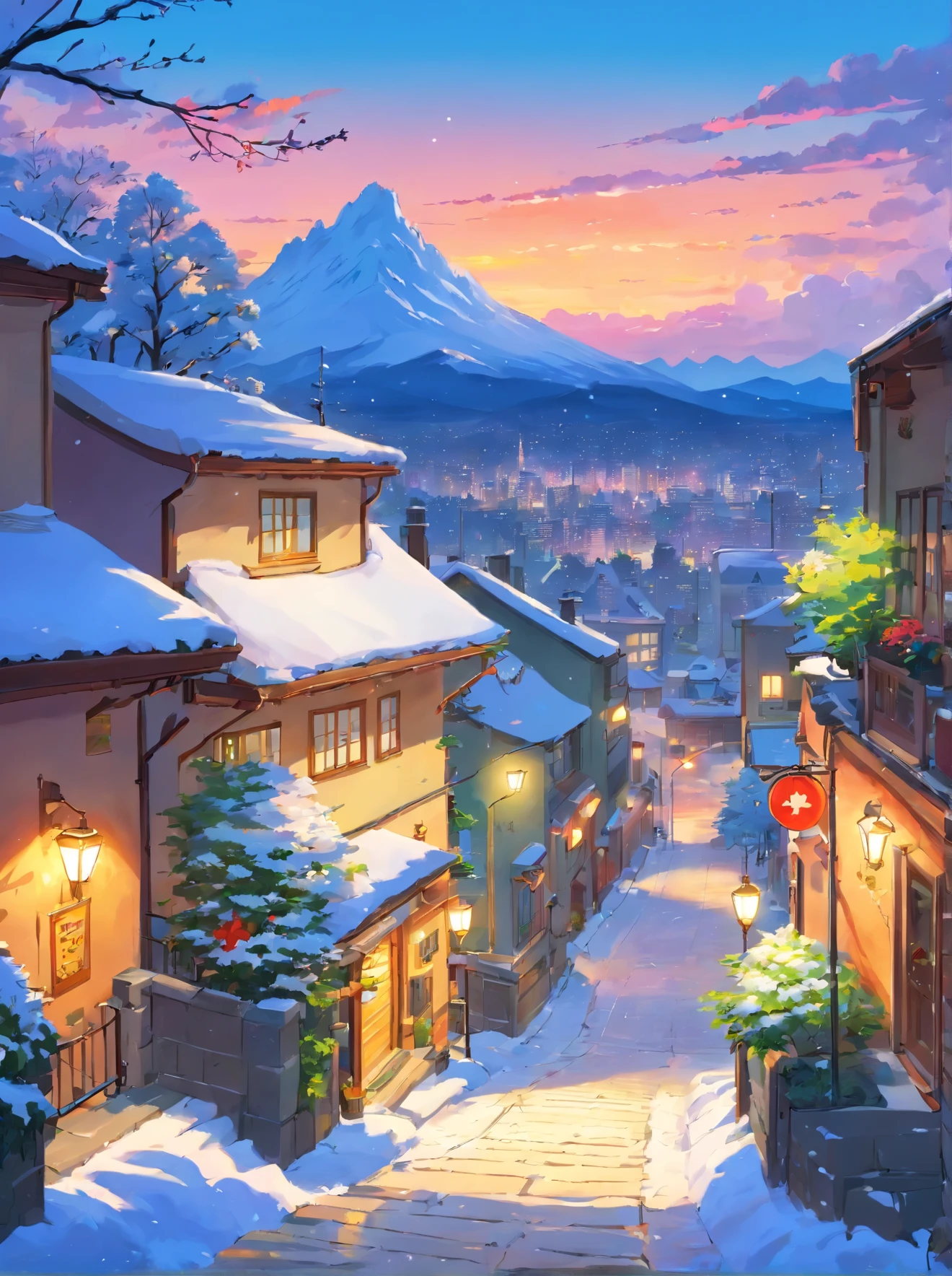 painting of a canada montreal, beautiful snowy view, beautiful calm lofi vibe,bushes,flowers, residential area,golden hour, snowy night,dusk,4k hd, cloud,beautiful art uhd 4 k, a beautiful artwork illustration, beautiful digital painting, highly detailed digital painting, beautiful digital artwork, detailed painting 4 k, very detailed digital painting, rich picturesque colors, gorgeous digital painting