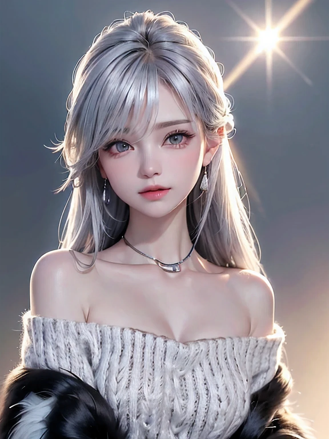 (Upper body portrait:1.5)((masterpiece:1.5、8k、Portraiture、Photorealistic and very detailed CG、Very detailed、Particle Effects、Dynamic Effects、Written boundary depth、Cinematic Light、Lens flare、Ray Tracing、Tabletop、Realistic:1.4、超A high resolution:1.2、Realistic、Realistic))((alone、Off-the-shoulder sweater,No sleeve,A woman wearing a black fur-trimmed leather coat over an off-the-shoulder knit sweater:1.4、Elegant woman posing:、Detailed face、Bright expression、young, Brighter, Whiter skin、Small breasts:1.4、Best Looks、Ultimate beauty、Silver hair with shiny highlights、Bright shiny hair,、Modern Hairstyles、Hair dancing in the wind))(morning、The setting is a snowy hill overlooking the ruins.)Emphasize cleavage