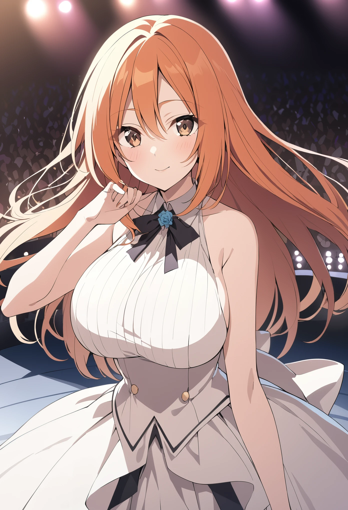 inoue orihime, long hair, orange hair, brown eyes,,　Live Stage, Big Breasts, formal dress　solo
