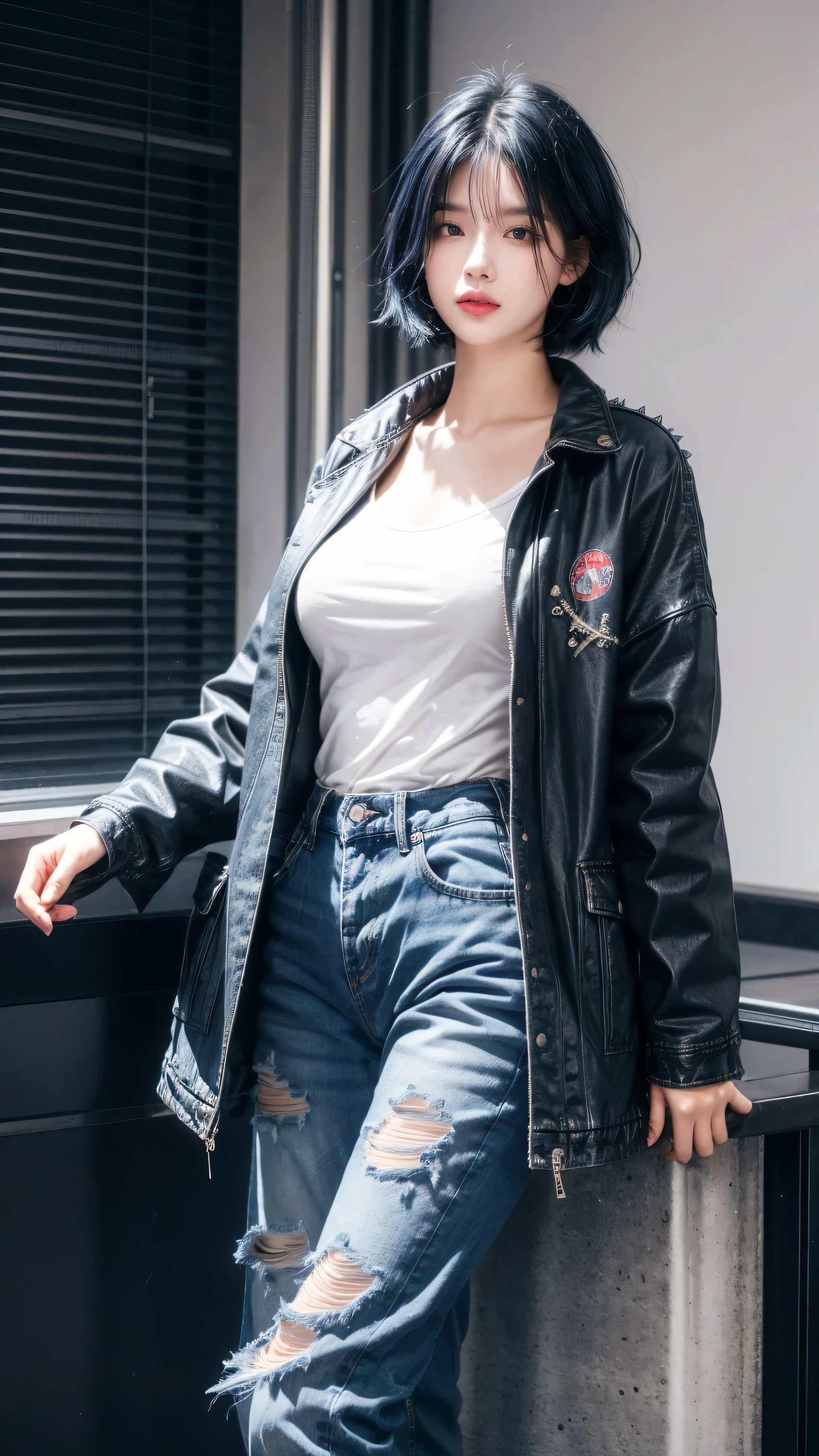 best quality, 1 Girl, dark blue hair, black eyes, Very short hair, Spiky hair, oversize t-shirt, jacket jeans, High waist jeans, 171 cm, Messy hair, Hair between the eyes, Medium breasts, full, Tomboy, aldult, 20 years old, 1 Girl