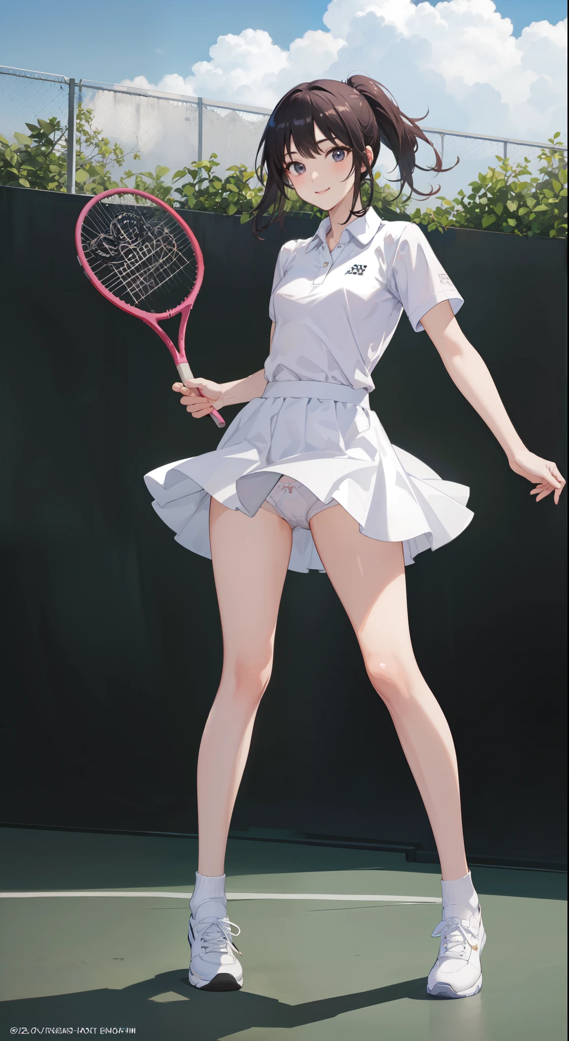 (white cotton frilled panties:1.5), (looking at viewer:1.0), (best quality:1.0), (masterpiece:1.0), (super fine illustration:1.0), (beautiful artwork:1.0), (official art:1.0), (full body:1.0), (solo:1.0), (a 17yo japanese girls:1.0), (long skirt:1.3), (white pleated skirt:1.0), (white shirts:1.0), (Wearing white tennis wear:1.0), (sneakers:1.0), (white socks:1.0), (ideal ratio body proportions:1.0), (lanky:1.0), (tall:1.0), (slender:1.0), (small breasts:1.0), (smaller face:1.0), (ponytail:1.0), (black hair:1.0), (a smile:1.0), (delightful!:1.0), (enmaided:1.0), (Chromo-white skin:1.0), (detailed beautiful eyes:1.0), (detailed beautiful face:1.0), (glowing black eyes:1.0), (small tits:1.0), (Wimbledon:1.0), (Movie Lighting:1.0)