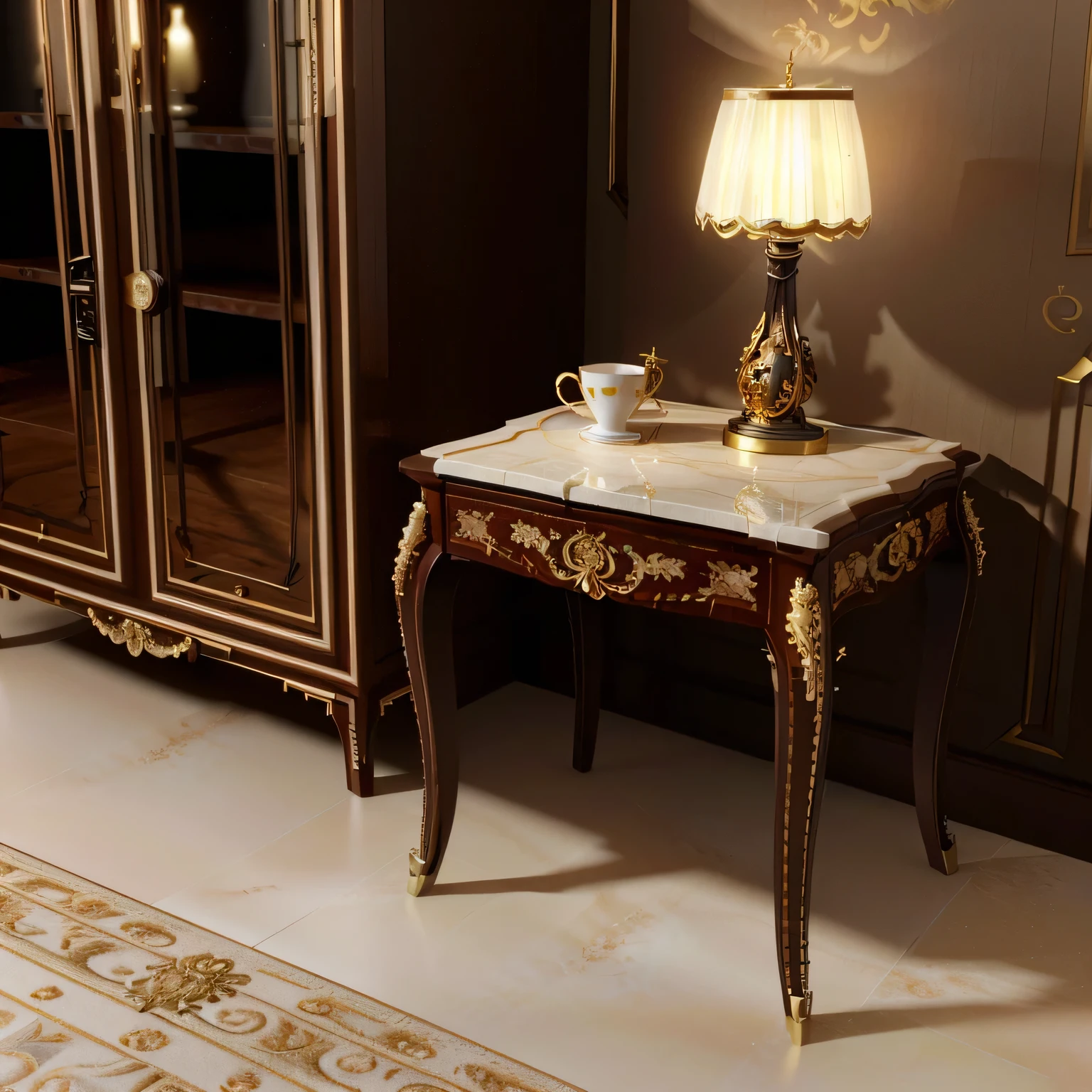 there is a small table with a lamp on it in a room, elegant furniture, elegant render, inlaid with gold rococo, highly detailed render, finely detailed furniture, furniture and decor, highly detailed perfect render, luxury furniture, detailed wooden table, hyper realistic detailed render, render in vray, french provincial furniture, luxurious wooden coffee table, ornate furniture