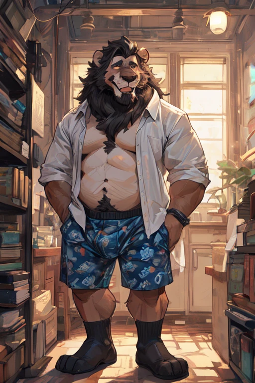 (by dramamine, by haps), mature male, eye scar, old chubby lion, (Brown fur:1.2),middle-age,((black short hair)),((facial beard)),(hi res, best quality, high quality, detailed, shaded, shading, masterpiece:1.2), detailed eyes, detailed clothing, smirk, seductive smile, hairy chest, glasses,inside office,(blue pattern boxers:1.4), (white Open shirt:1.5), (necktie removed),(black socks:1.2). Capa de revista, destaque de revista. (genital Masculino glande peniana tamanho anormal, phallus size gigantic phallus super long phallus inclined fallen, dropped balls)), sensualizing with the hand on the crotch, Acariciando as bolas, ejaculando exageradamente, Gozando sem limites, Jorrando jatos de esperma da glande peniana, corpo muito suado, suor extremo no corpo. Big tongue laughing. Genital Masculino tamanho largo exagerado GG comprido enorme .Genital Masculino tamanho hiper longo, genital Masculino tamanho Gigantescos, genital Masculino tamanho anormal, genital Masculino super comprido, Grande porra, Gozar muito, Goza ),