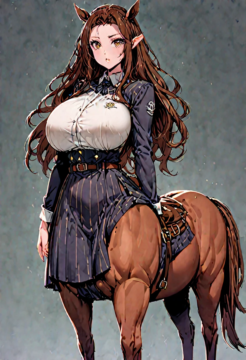 solo, female, sfw, medium shot, long wavy hair, brown hair, brown eyes, centaur girl, brown horse ears, huge breasts, scholar, modest clothes, autitorium, from the crotch up