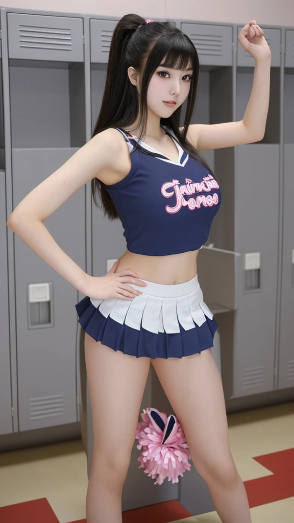 Beautiful girl in Japanese cheerleader outfit, age 21 years perfect appearance, perfect body inside a locker room