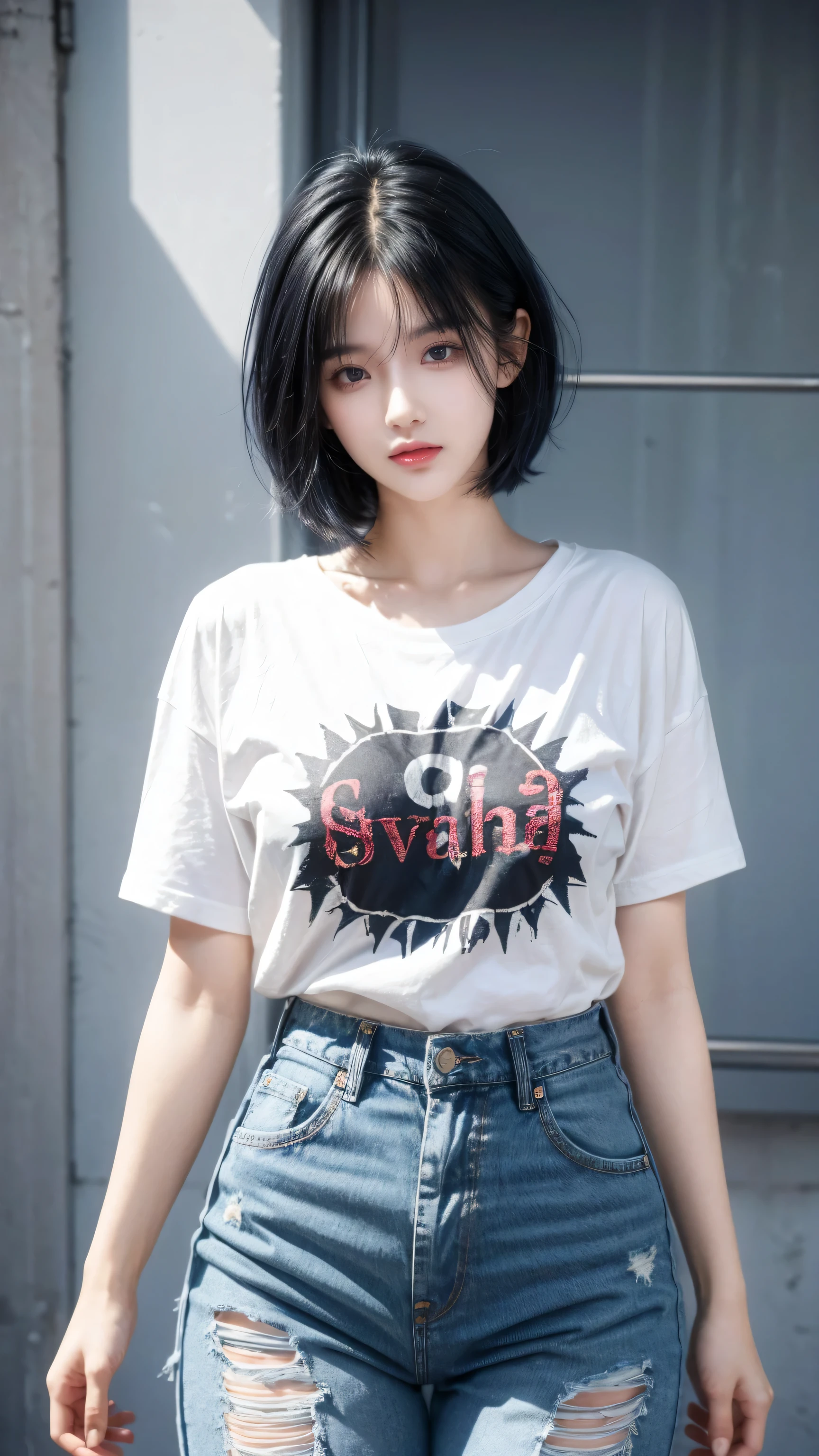 best quality, 1 Girl, dark blue hair, black eyes, Very short hair, Spiky hair, oversize t-shirt, High waist jeans, 171 cm, Messy hair, Hair between the eyes, Medium breasts, full, Tomboy, aldult, 20 years old, 1 Girl