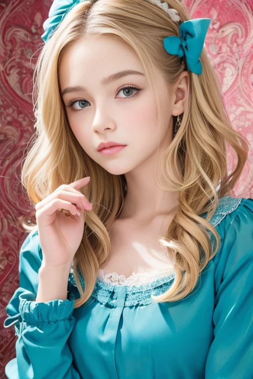 highest quality, Ultra-high resolution, Realistic, Cute Girl Pictures, Detailed face, (Purelos Face_v1:0.008), Alice in Wonderland, yo, Blonde wavy hair,, playing card pattern background, No makeup