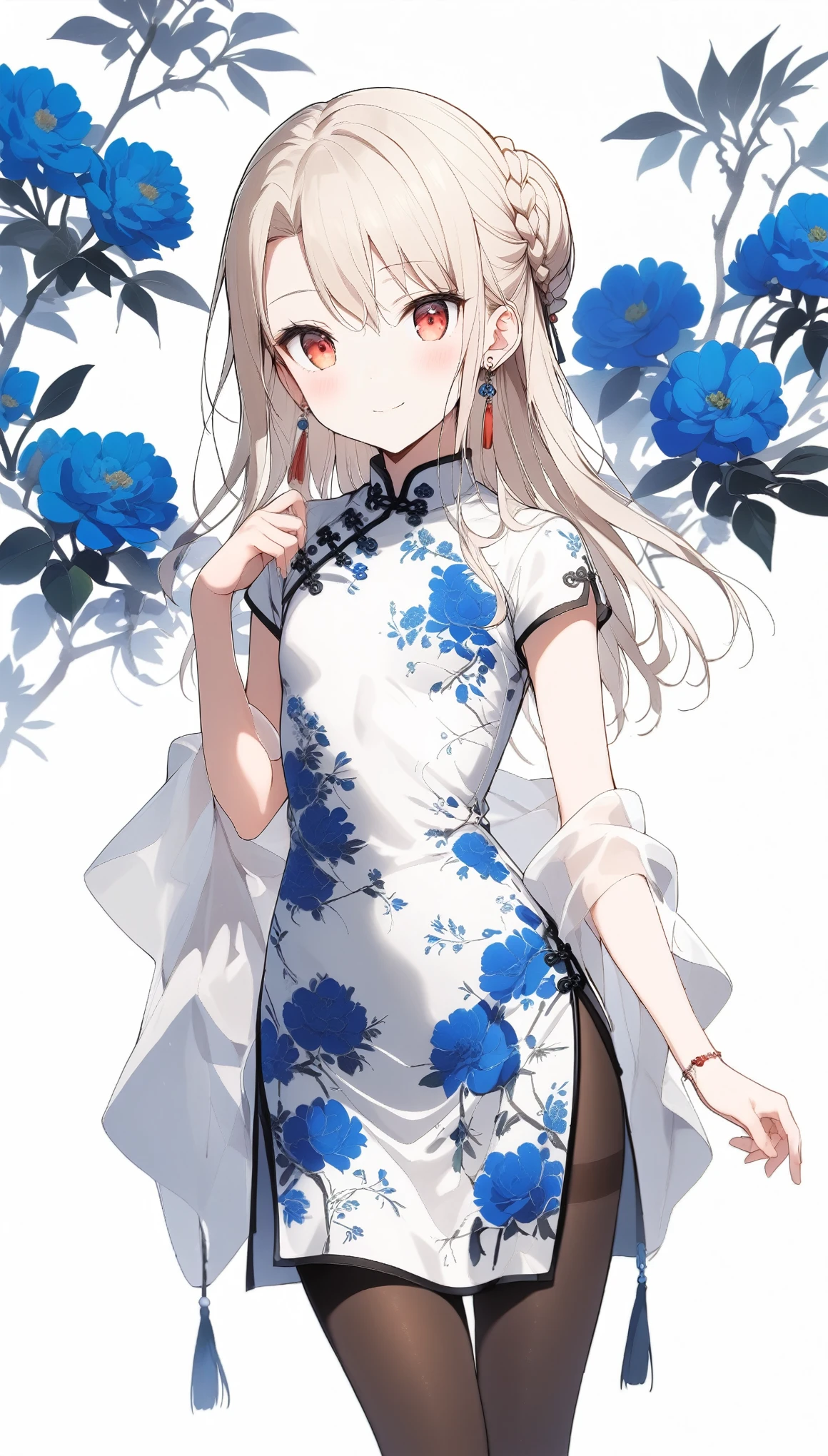 qipao,solo,1girl,(illyasviel von einzbern),red_eyes,cream hair,(french braid),smile,blue flower,breasts,china dress,chinese clothes,dress,shawl,earrings,floral print,hand up,long hair,looking at viewer,pantyhose,print dress,simple background,smile,solo,white background