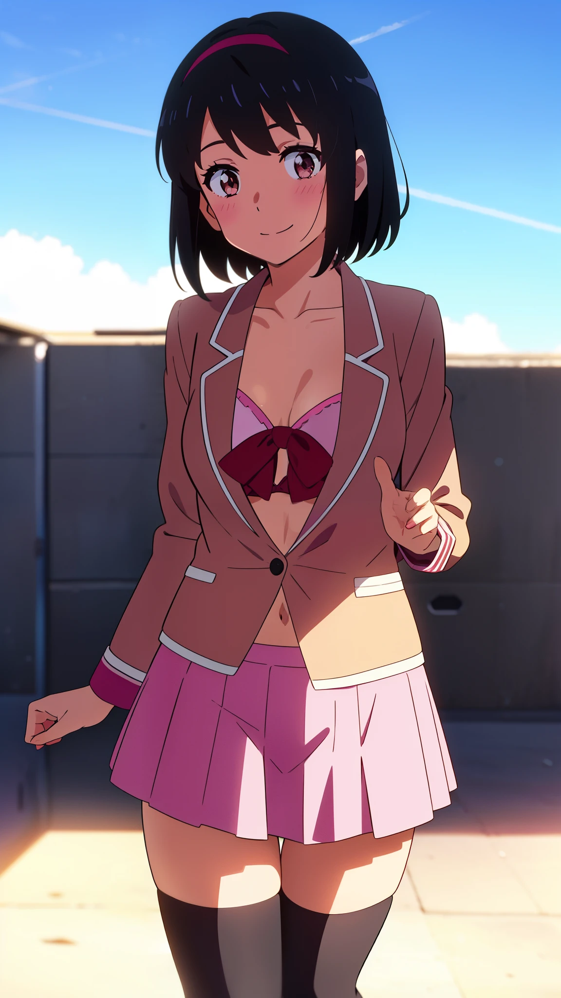 shinkai makoto, kimi no na wa., 1girl, bangs, black hair, blush, brown eyes, idol, collarbone, red headband, red ribbon, open jackets, pink bikini, pink skirt, short skirt, black thighhighs, short hair, smile, cute, solo, upper body, outdoors, negative space, sky