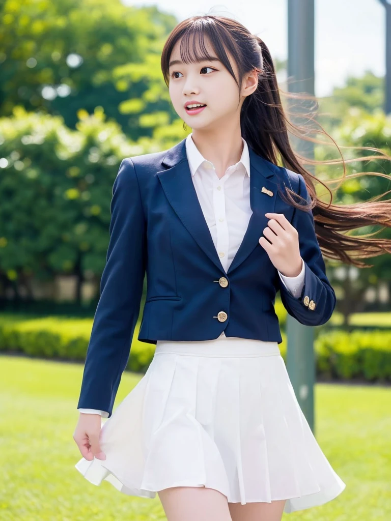 (masterpiece, highest quality:1.4), Award-winning portraits, 8k, 85mm, alone, Beautiful Face, Delicate girl, , (Dark navy blazer jacket, On the grass), Dark Navy Skirt, Long sleeve, Sophisticated, cute, Teen, Looking at the audience, , RAW Photos, Confused, High resolution, Sharp focus, Background blur、(((Flat  、thin and delicate body、Childish atmosphere)))、shiny semi-long hair、ponytail、Mole on the left cheek、 Dark blue eyes、High Kick、the skirt is swaying in the wind、Hair swaying in the wind、sexy、Flexible legs、White panties