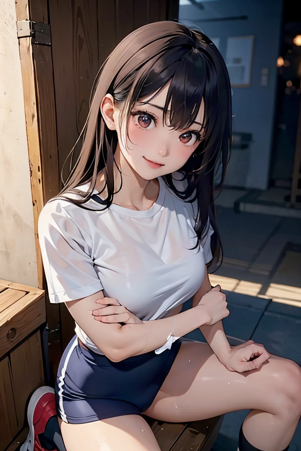 masterpiece, Ultra-fine Illustration, highest quality, Particles of light, Very detailed, 8k wallpaper, (Bright colors:1.2), 22 years old, Shiny skin, smile, 魅惑的なsmile, トップスは大きい白いGym suit、Black Bloomers、high school girl、Gym suit、Shorts、Super cute、Extremely beautiful、The figure is a little sexy、Knee-high socks、Thigh-high socks、Red sneakers、Brown Hair、chest size small、Sweating profusely all over the body、A lot of sweat and light on the thighs、Shiny thighs、Plenty of sweat glistening on the thighs、A large amount of sweat glistens on my thighs、Sweating profusely、Alluring expression、Dark closed door background、Slender body、Are standing、Thighs are glamorous、sit on a vaulting box、night、Behind the gym、Jumping over the vaulting box、