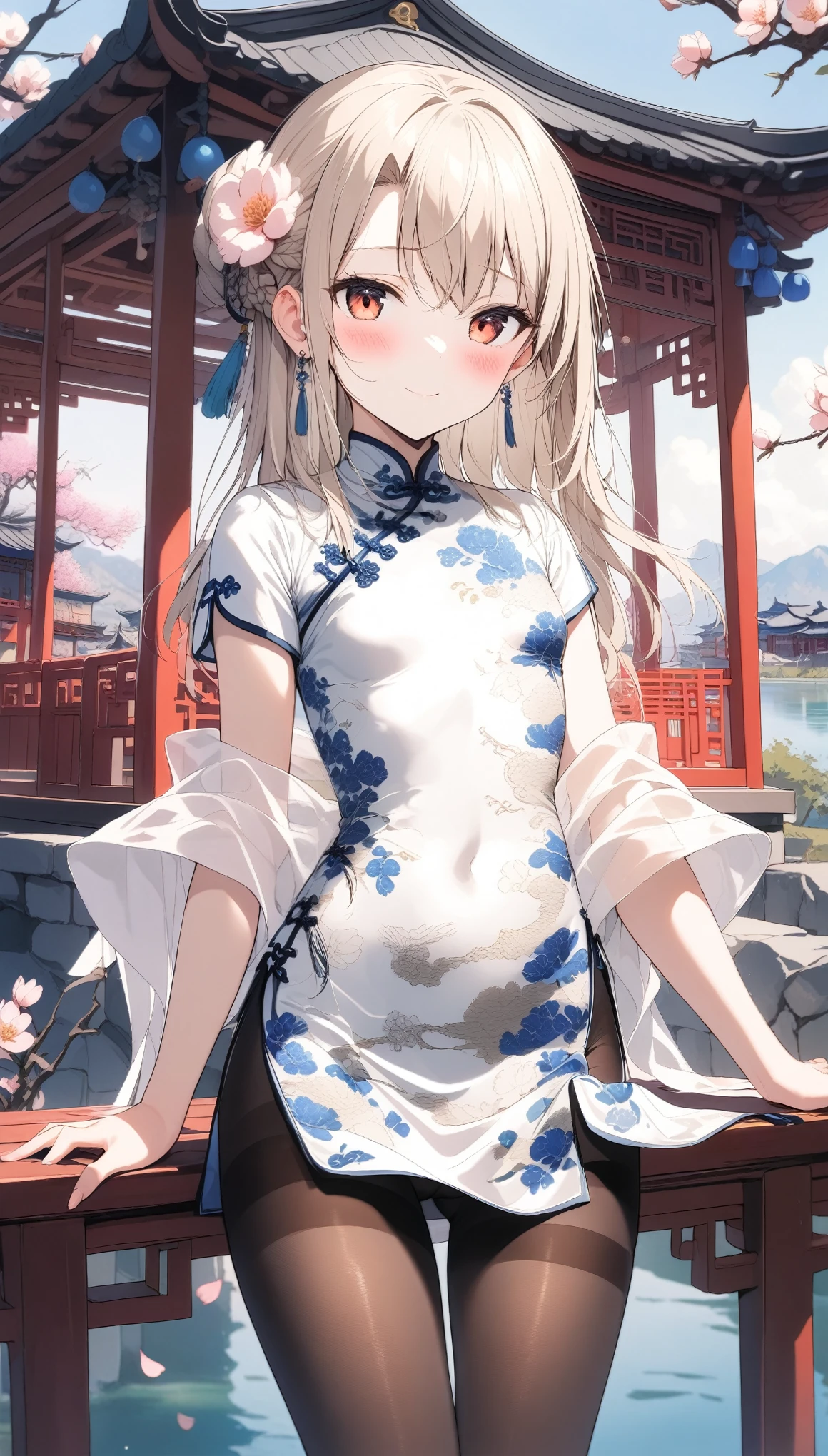 1girl,(illyasviel von einzbern),red_eyes,cream hair,floating hair,(french braid),smile,blush,flower,beautiful detailed_background,small breasts,butterfly,((blue and white porcelain gorgeous qipao,china dress,chinese clothes,dress),gold trim,floral print,(shawl),jewelry,earrings,????????,flower,general, hair_ornament,peach blossom,long_hair,looking_at_viewer,pantyhose,print dress,solo,thighband pantyhose,questionable,sensitive,solo,tassel,tassel_earrings,(spring),Chinese style architecture, Chinese style, lake, ancient town, beautiful and meticulous water, (Fishing boat), pavilion,steam,Surrounding by falling peach blossoms petals,
