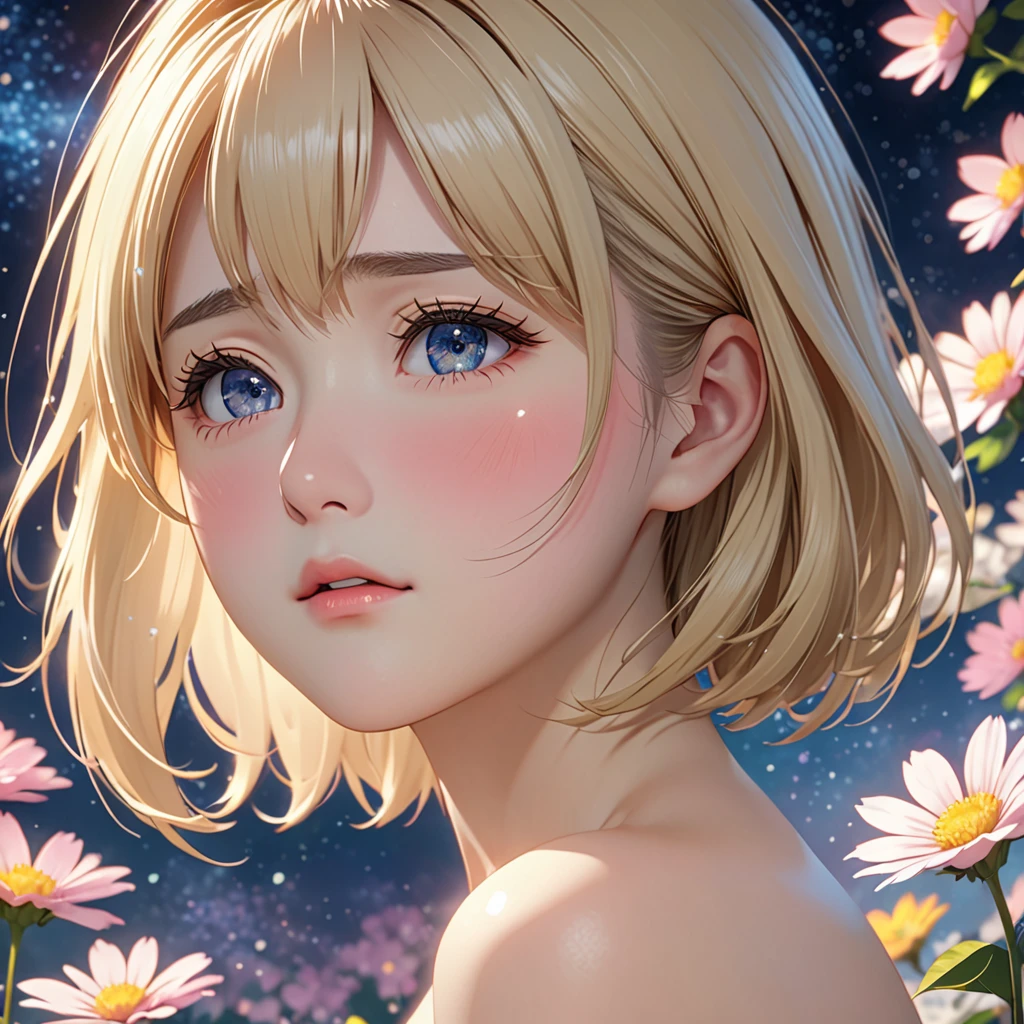 National Science Foundation,masterpiece,High resolution,8K,Art,digit,Three-dimensional,Realism,Kyoto Animation Style,your name movie style,looking into camera,Soft Light,Glowing skin,(Huge breasts:1.2),(1 female: 1.3),(alone: 1.4),(((blonde))),((Naked upper body)),Long eyelashes,Slender legs,Short Bob,Close-up of upper body,Close-up,close view,Flower background,(Eyes as deep as the starry sky),(Shut up),(blush),(shy),(lovely and delicate),(Pitiful),(((sadness)))