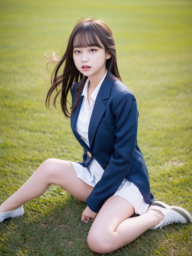 (masterpiece, highest quality:1.4), Award-winning portraits, 8k, 85mm, alone, Beautiful Face, Delicate girl, , (Dark navy blazer jacket, On the grass), Dark Navy Skirt, Long sleeve, Sophisticated, cute, Teen, Looking at the audience, 15 years old, RAW Photos, Confused, High resolution, Sharp focus, Background blur、(((Flat  、thin and delicate body、Childish atmosphere)))、shiny semi-long hair、ponytail、Mole on the left cheek、 Dark blue eyes、High Kick、the skirt is swaying in the wind、Hair swaying in the wind、sexy、Flexible legs、White panties