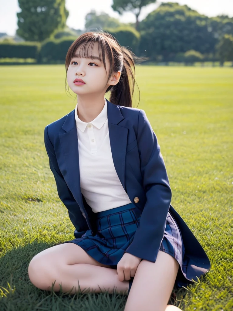 (masterpiece, highest quality:1.4), Award-winning portraits, 8k, 85mm, alone, Beautiful Face, Delicate girl, , (Dark navy blazer jacket, On the grass), Dark Navy Skirt, Long sleeve, Sophisticated, cute, Teen, Looking at the audience, 15 years old, RAW Photos, Confused, High resolution, Sharp focus, Background blur、(((Flat  、thin and delicate body、Childish atmosphere)))、shiny semi-long hair、ponytail、Mole on the left cheek、 Dark blue eyes、High Kick、the skirt is swaying in the wind、Hair swaying in the wind、sexy、Flexible legs、White panties