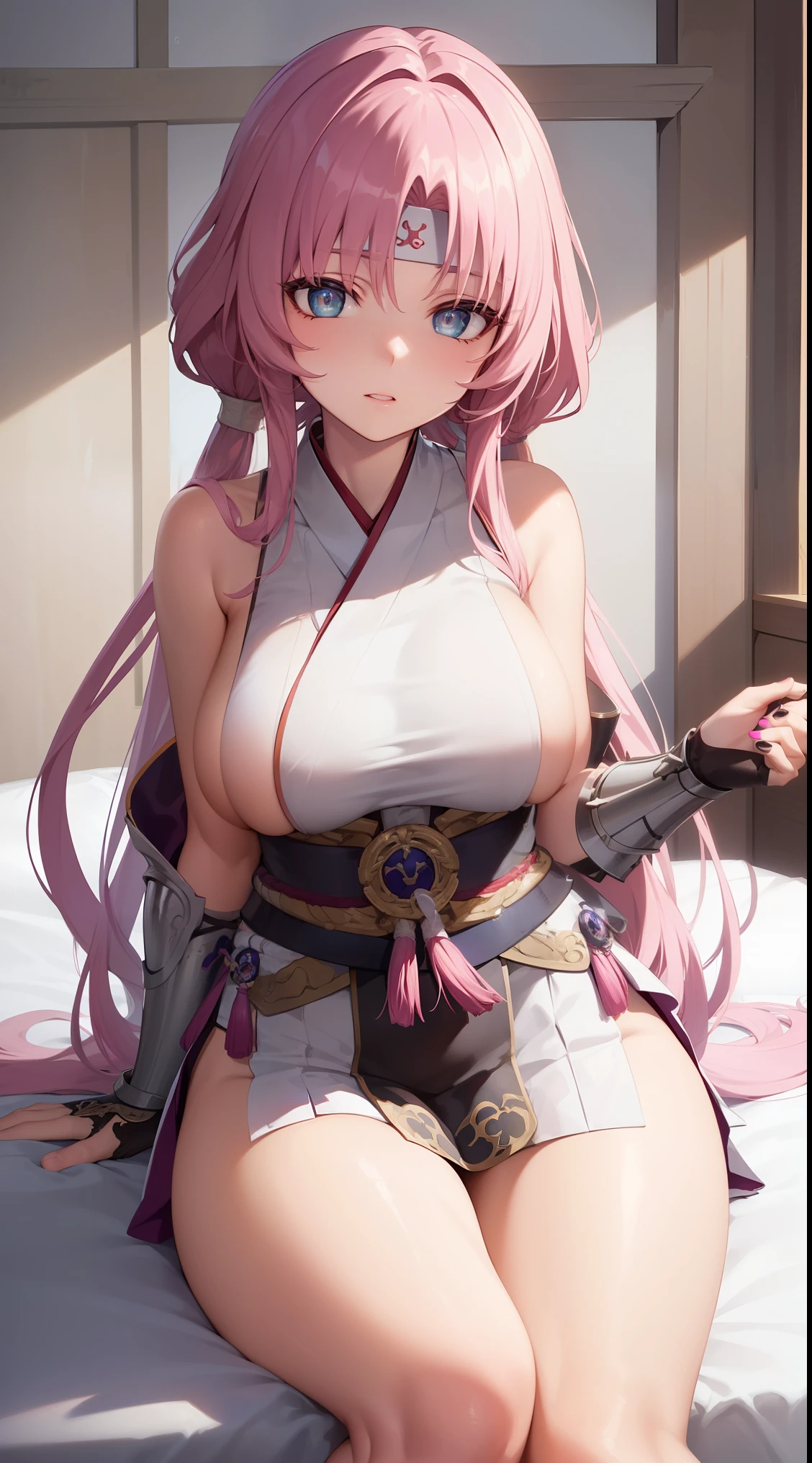 pink eye, pink hair,
BREAK (armor, japanese armor, kote, kusazuri, naginata, shirt, sideboob, sleeveless, sleeveless shirt, white headband, white shirt:1.2)
BREAK sitting, looking at the viewer, bed,
BREAK (masterpiece:1.2), best quality, high resolution, unity 8k wallpaper, (illustration:0.8), (beautiful detailed eyes:1.6), extremely detailed face, perfect lighting, extremely detailed CG, (perfect hands, perfect anatomy),