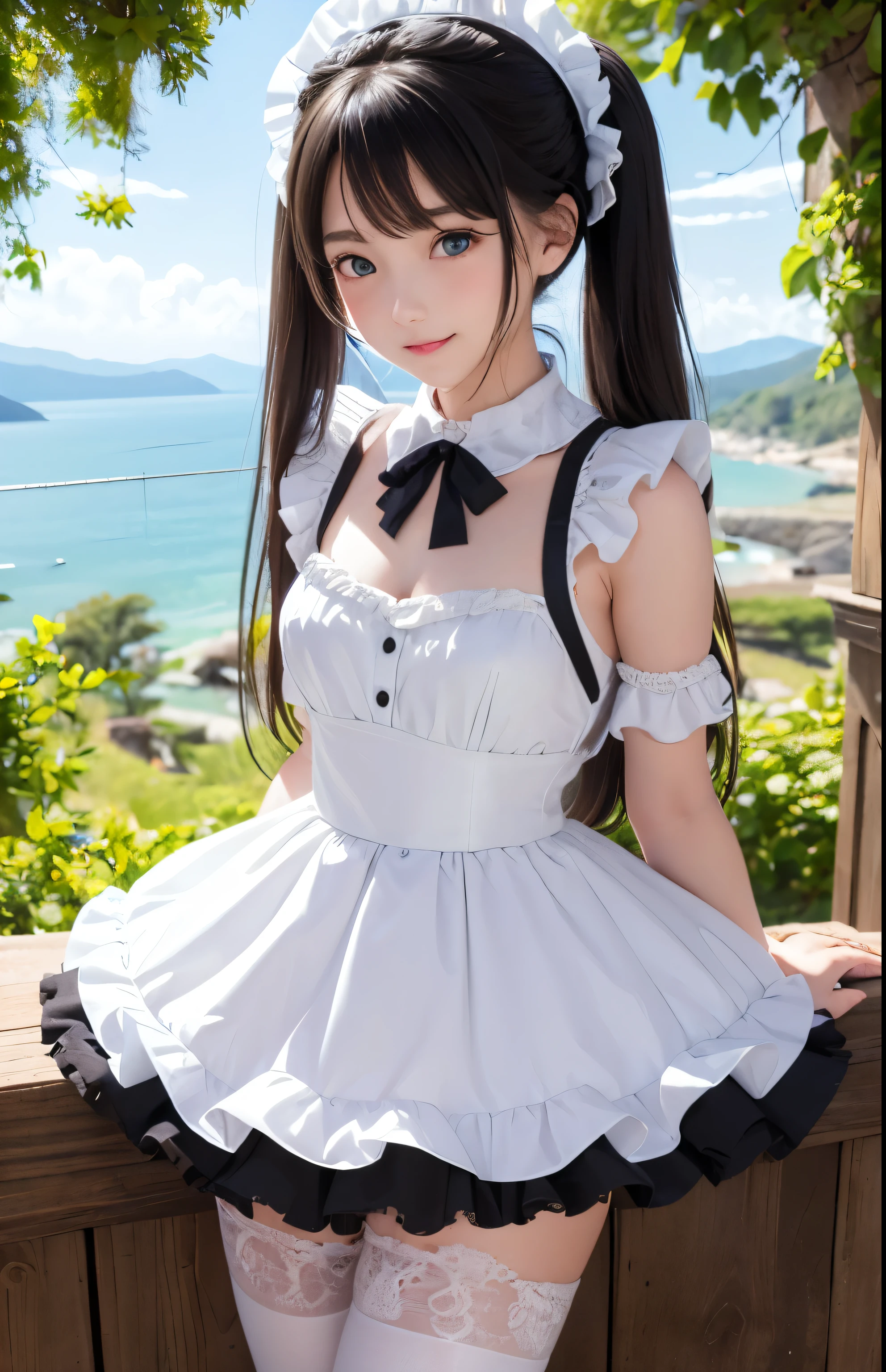 ((masterpiece)), ((highest quality、Ultra high definition)), (Very detailed),8k、Photo quality、((Amazingly cute girl))、(-yeld gi)、Two people, , (Beautiful emerald blue eyes), ((smile)),In the open-air bath overlooking the sea, Beautifully arranged black hair in twin tails、Slim Body、(Cute little breasts)、((A very cute white bikini swimsuit with lots of lace and frills.))、Professional Lighting、(White lace knee-highore detailed and beautiful)、(More details and cutenesore realistic)、((Just wear light clothing))、Frolic in the pool、(Too cute)、(The embodiment of cuteness)、(Godly cuteness)、((Night view))、