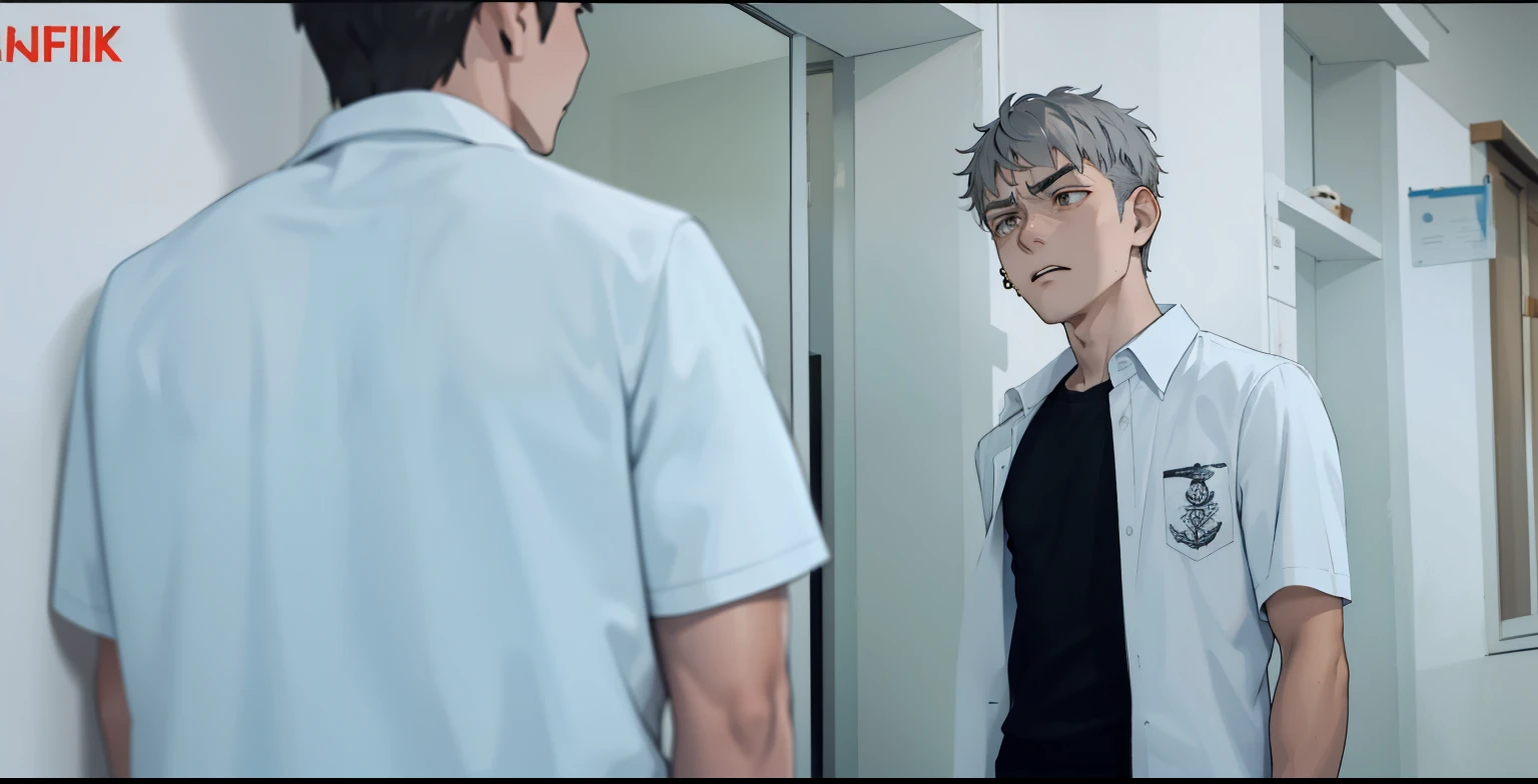 young man of 16 years is looking serious upset speaks with anger gray hair gray eyes