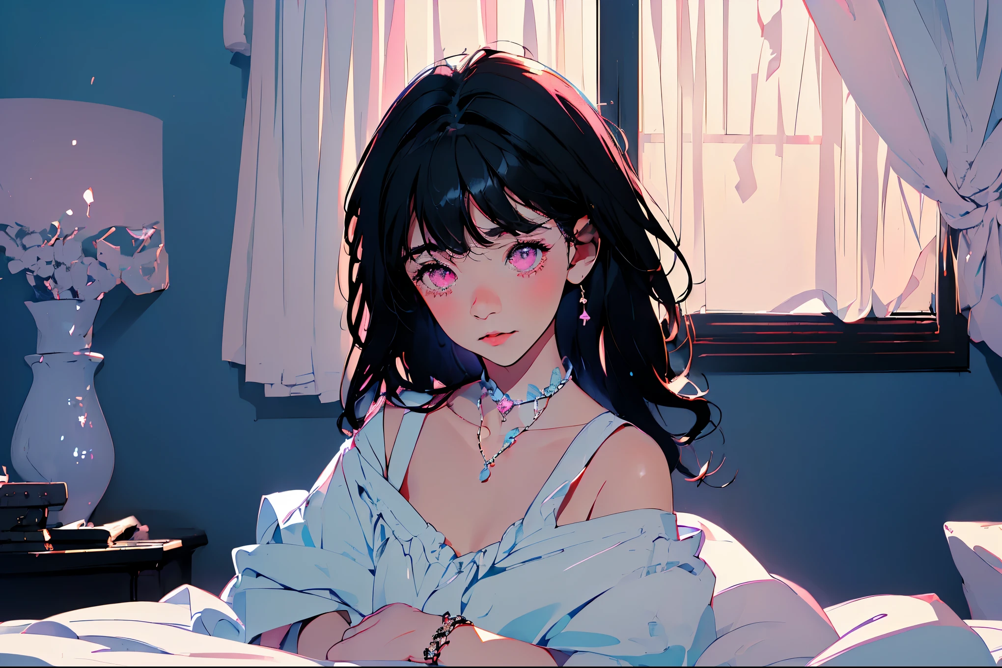 {{{{masterpiece}}}}, {{{Super detailed}}}, {{{high resolution}}},{{high resolution:1.3}}, {{good anatomy}}, (((best quality))), ((on the bed,indoor,blue theme,anime style,anime girl)),(((pink eyes,black hair streaked blue inside))),(big perfect eyes),((yandere,dark eyelash)),(((smart casual in pale blue color,collarbone,white dress, jewelry, choker,necklace,dark atmosphere,night time))), hairclip, {8k cg wallpaper}, {{illustration,zoom in,focus on face,close-up shot, looking out a window}},((floating hair|blunt bangs|short hair|curly perm))smile,(1girl:1), bride,solo,alone,(Color difference:1.2),emotionless,blushing,neat face,(medium breasts),((The details are complex、Shallow depth of field、weak lighting、a Canon EOS R5、50mm lens、f / 2.8、shot at 8k resolution))