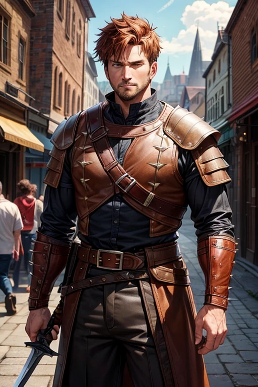 40 year old man with short spiky reddish brown hair, messy fringe hairstyle, medieval hunter clothing, brown eyes holding a sword muscular build, brown leather belt, brown leather belt boots, medieval city background with magic symbols