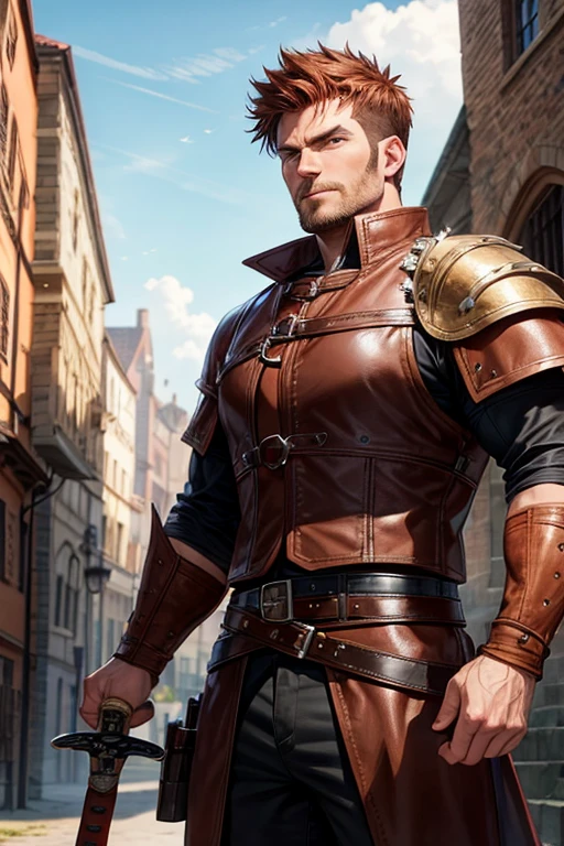 40 year old man with short spiky reddish brown hair, messy fringe hairstyle, medieval hunter clothing, brown eyes holding a sword muscular build, brown leather belt, brown leather belt boots, medieval city background with magic symbols