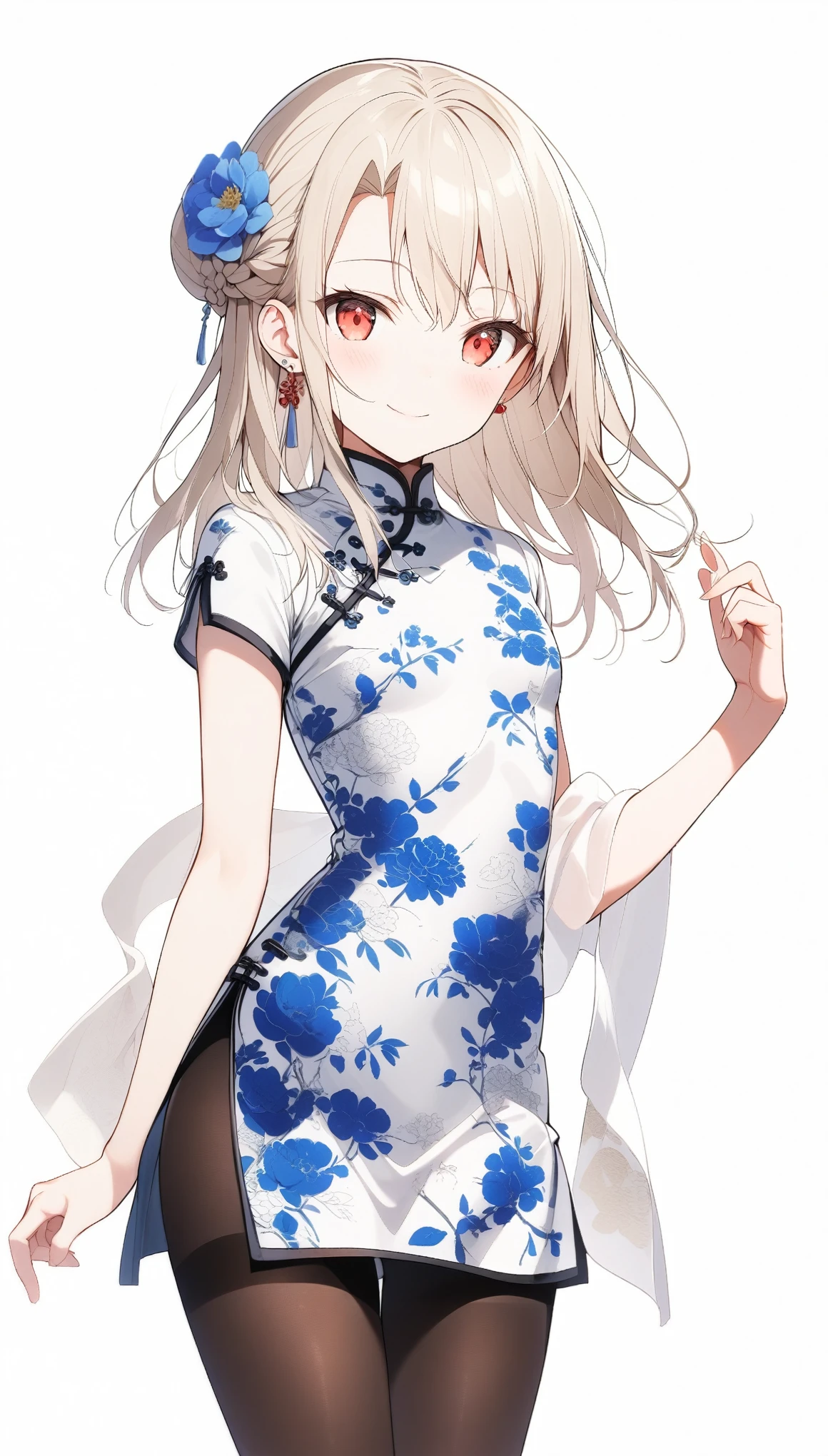qipao,solo,1girl,(illyasviel von einzbern),red_eyes,cream hair,(french braid),smile,blue flower,breasts,china dress,chinese clothes,dress,shawl,earrings,floral print,hand up,long hair,looking at viewer,pantyhose,print dress,simple background,smile,solo,white background