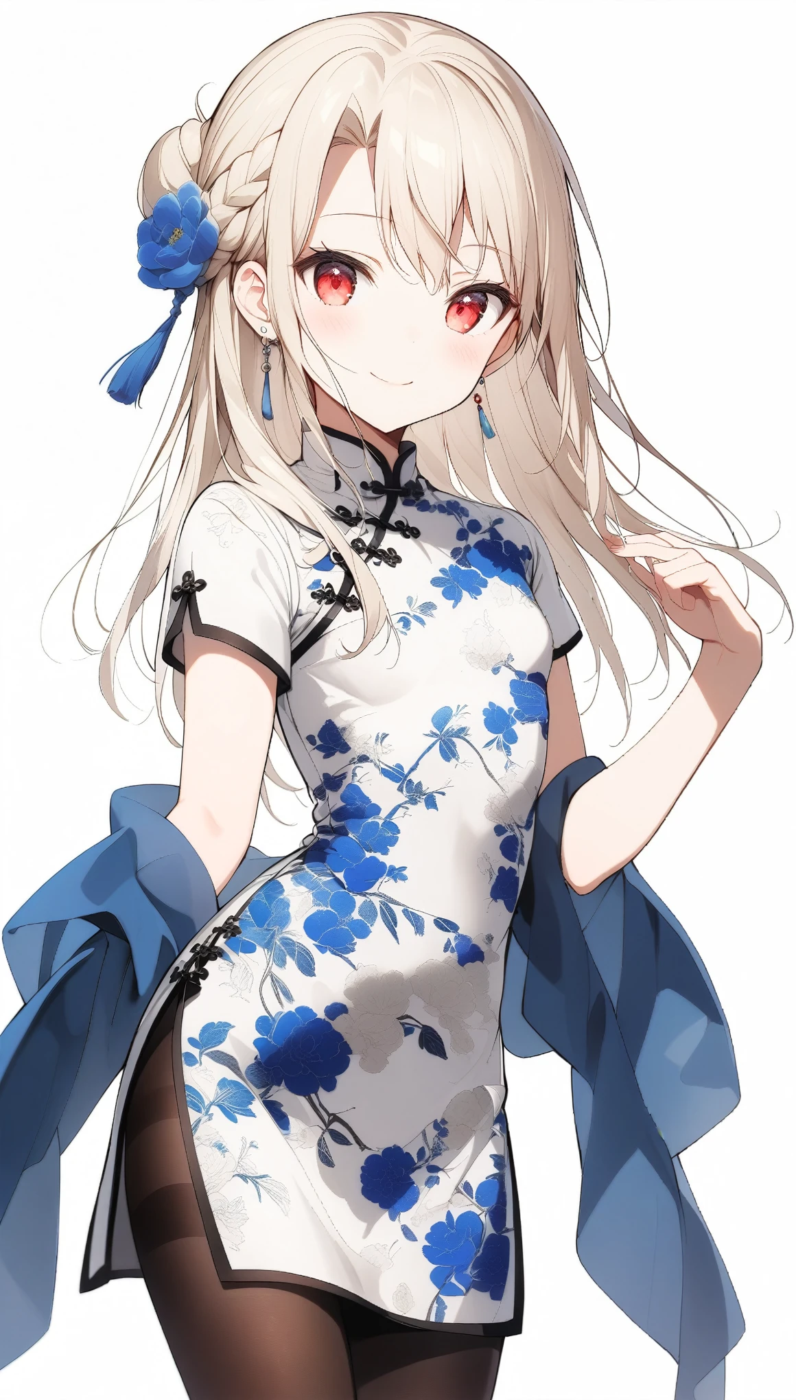 qipao,solo,1girl,(illyasviel von einzbern),red_eyes,cream hair,(french braid),smile,blue flower,breasts,china dress,chinese clothes,dress,shawl,earrings,floral print,hand up,long hair,looking at viewer,pantyhose,print dress,simple background,smile,solo,white background